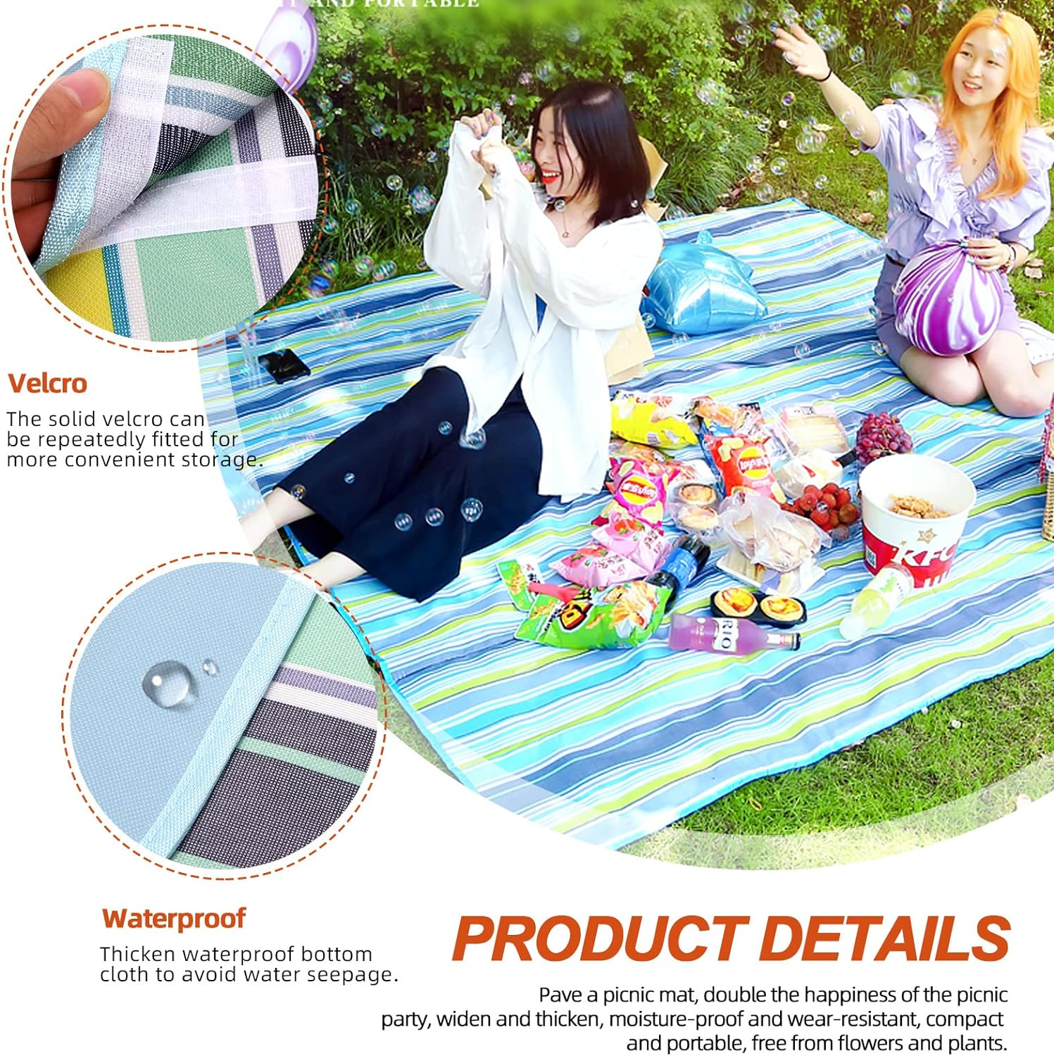 Tanstic Outdoor Picnic Blanket, 79" X 79" Extra Large Waterproof Foldable Beach Mat with Carry Strap for Camping Park (Blue Stripes) image number 4