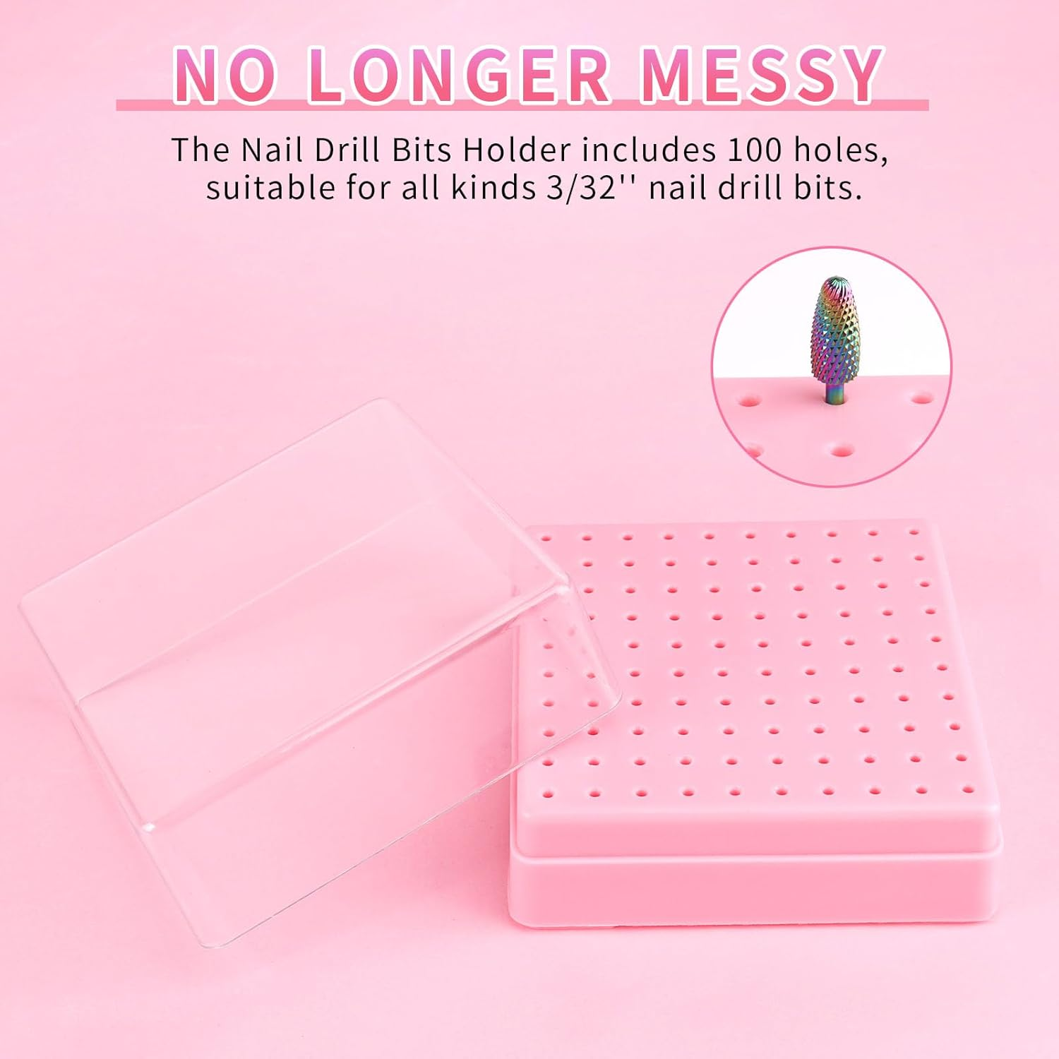 Heemeei Nail Drill Bits Holder & Nail Drill Bits Cleaning Brush, 100 Holes Nail Bit Holder, Dustproof Nail Art Drill Bits Display Storage Box, Nail Drill Bit Holder for Nail Tech (Pink) image number 5