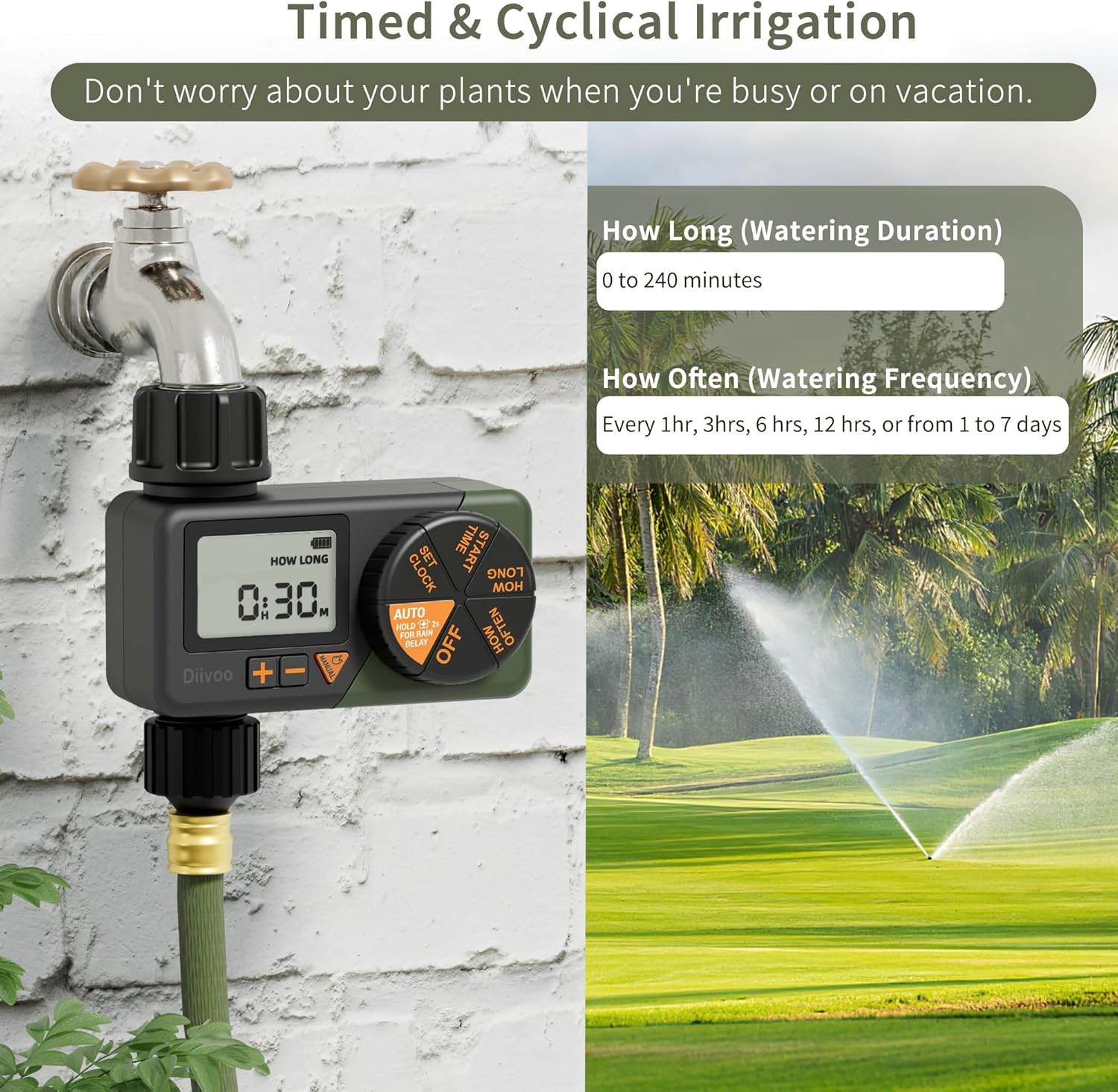 Water Sprinkler Timer, Diivoo Irrigation Timer Tap Timer with Rain Delay and Manual Watering, Water Timer for Lawns and Gardens image number 4