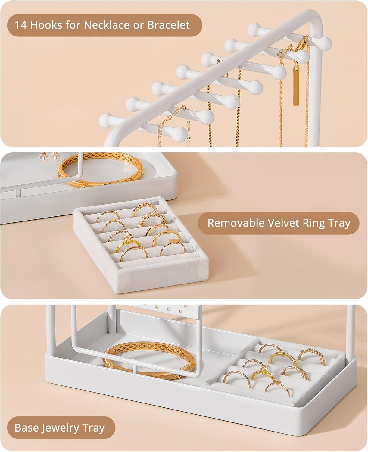 Procase Jewelry Stand Holder Organizer and Storage, Jewelry Display Stand Tower Rack with Velvet Ring Tray, Rotating Earring Display Hanging, Bracelet Necklace Holder, for Women Girls -White - Gold image number 5