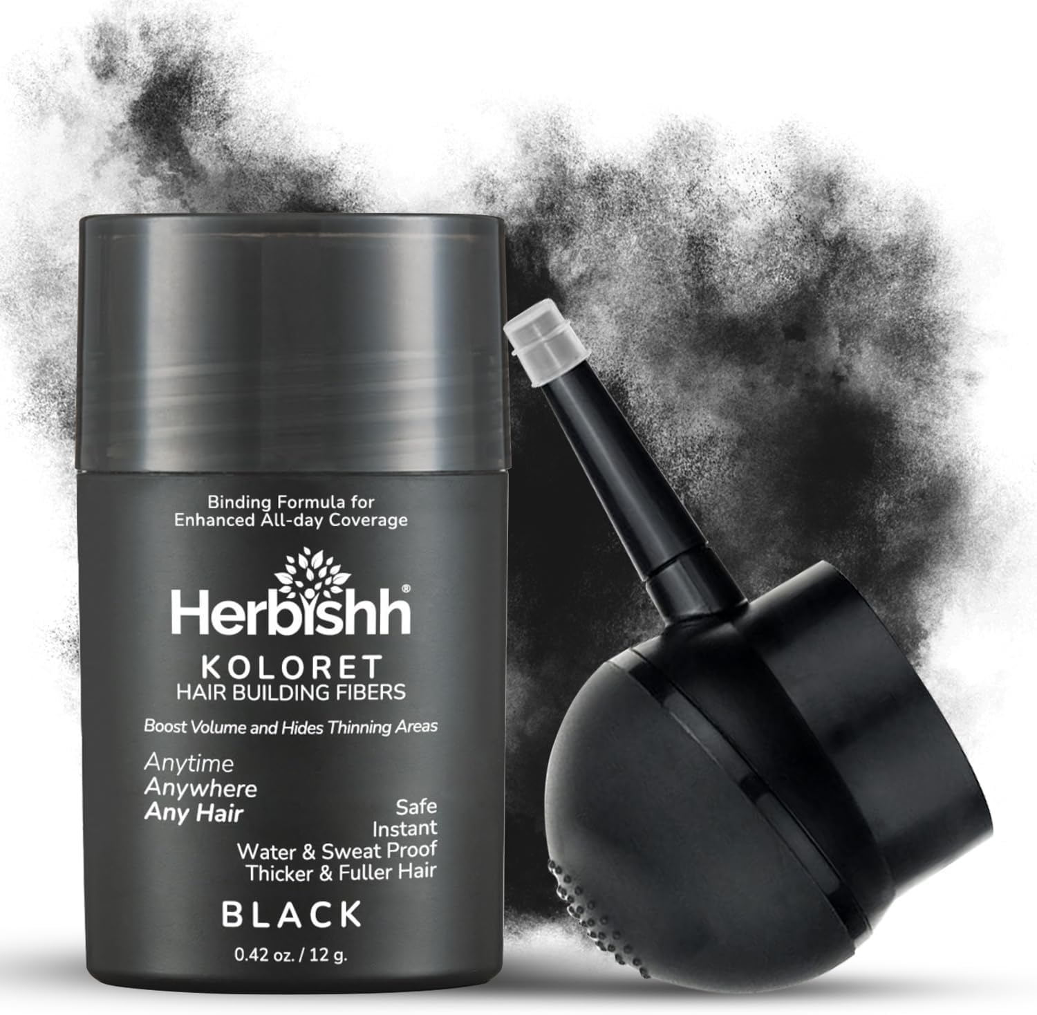 Herbishh Koloret Hair Building Fibers &ndash; Black Powder for Thinning Hair, Instant Bald Spot Cover up & Scalp Concealer &ndash; Sweat-Proof & Water-Resistant Hair Thickening Fibers for Men & Women, 12G image number 5