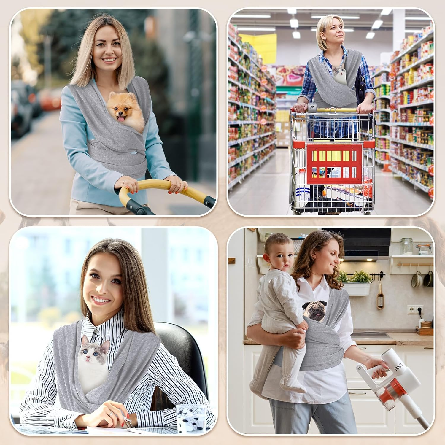 Clysee Dog Sling Carriers, Cat Wrap Carrier Chest, Front Facing Dog Sling, Hands Free, Size Adjustable, Soft Cotton, Swaddle Bag for Outdoor(Light Grey) image number 3