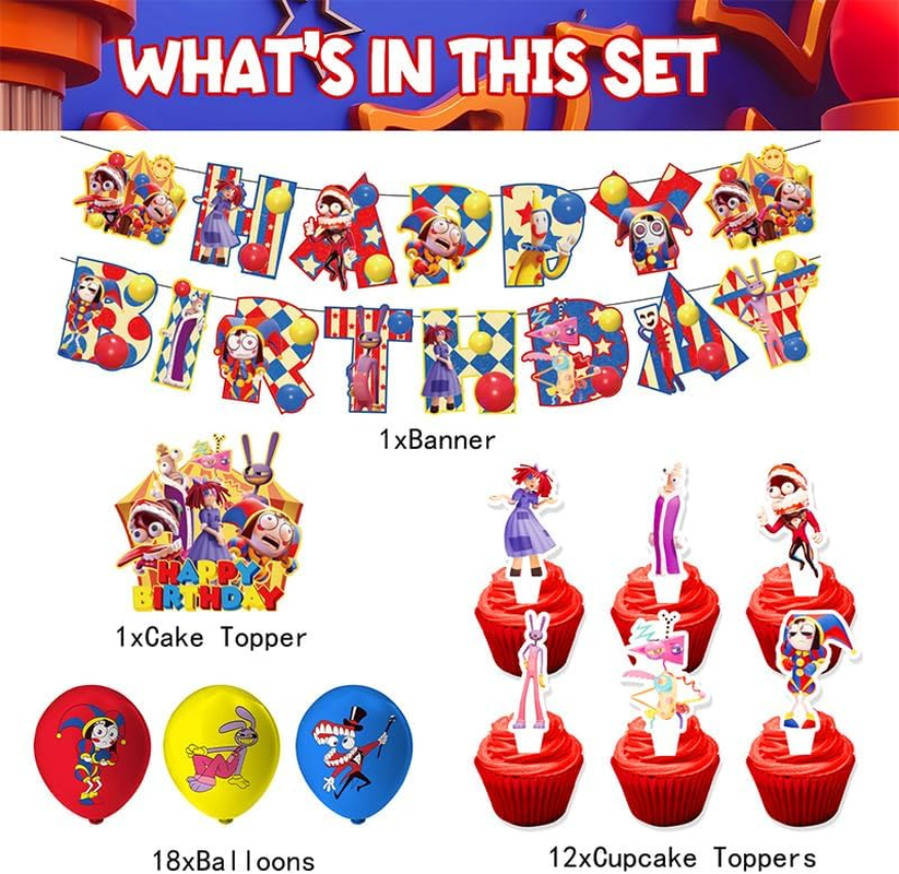 32 PCS the Amazing Digital Circus Birthday Decorations, Party Favor Decoration Supplies, Including Happy Birthday Banner, Cake Topper, Cupcake Topper, Balloons- Room Decoration image number 3