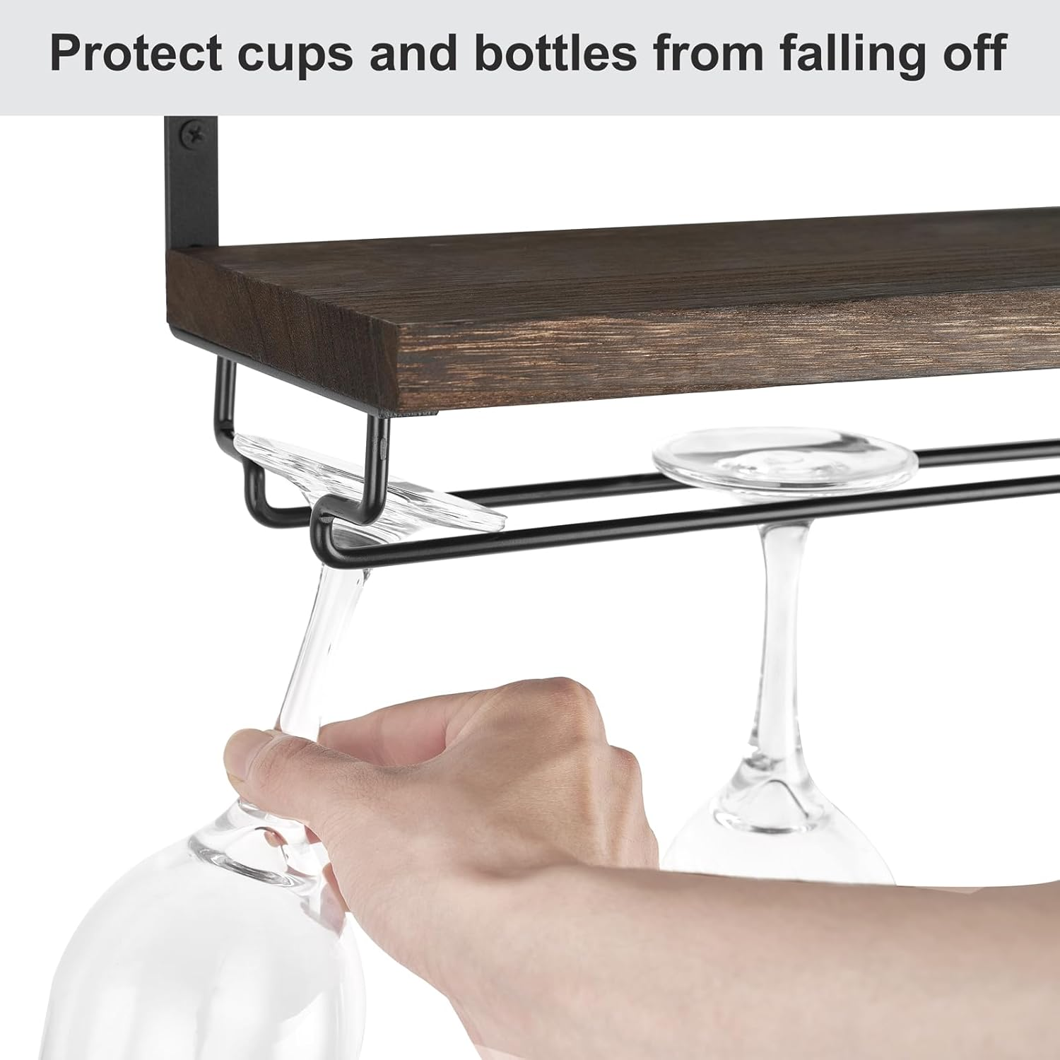 Mkono Wall Mounted Wine Rack Set of 2 Wood Rustic Wine Bottle Glass Floating Shelves with Stemware Hanger Modern Plants Photos Wine Display Storage Holder for Kitchen Dining Room Bar, 17 Inch image number 4