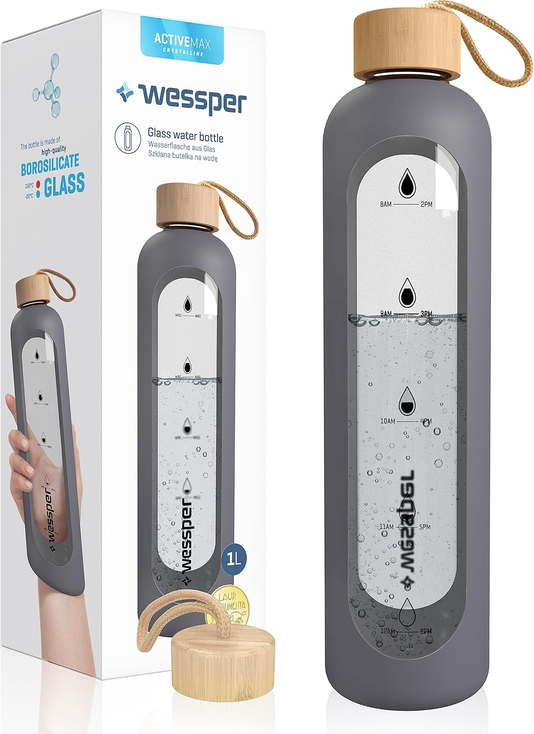 Wessper Glass Drinking Bottle, 1 Litre with Time Markings, Bpa-Free Drinking Motivation, Borosilicate Water Bottle, Airtight Glass Bottle with Bamboo Lid, Reusable, with Silicone Case, White