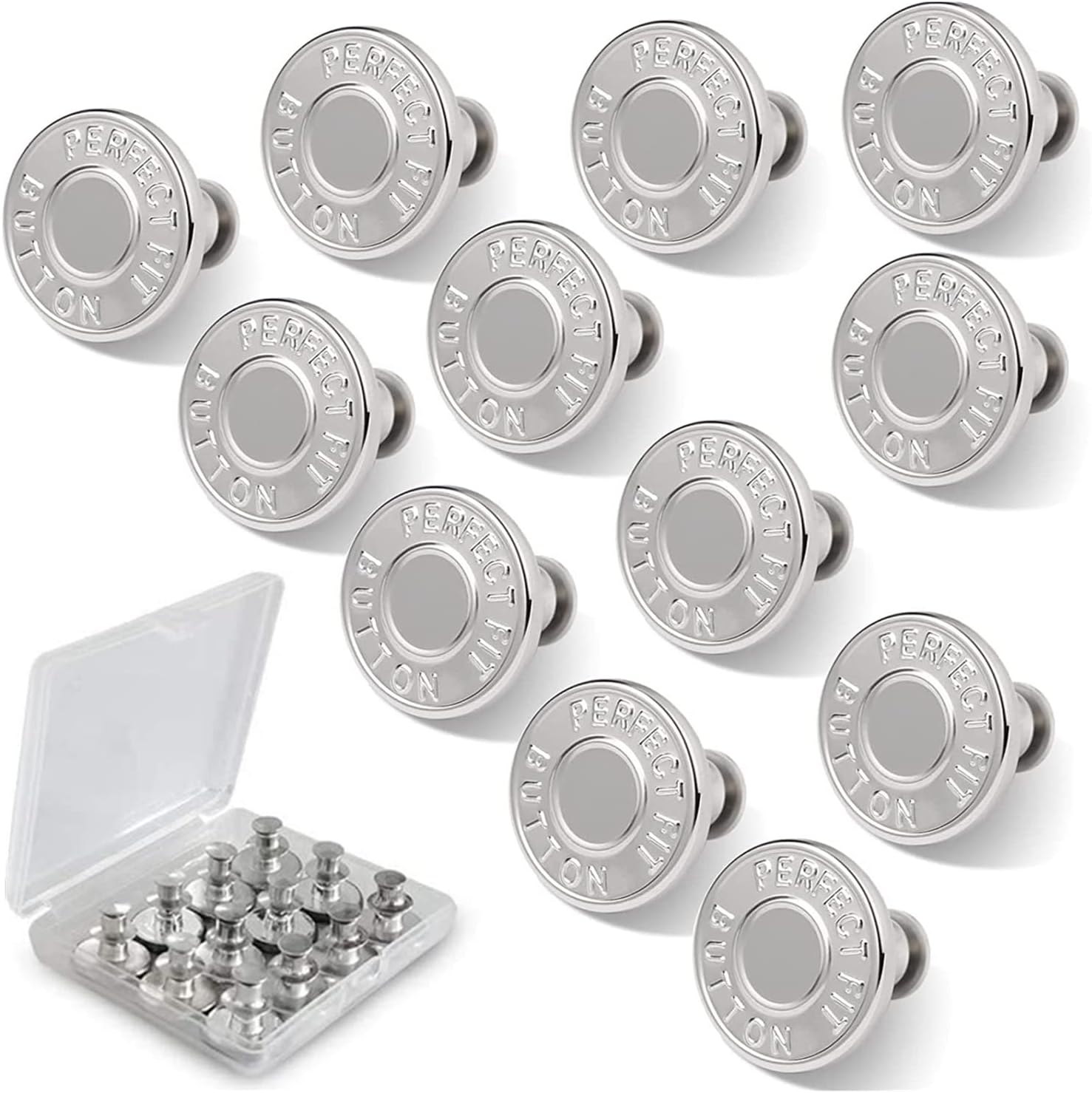 12 Sets Instant Replacement Snap Buttons for Jeans &ndash; No Sew & No Tools Metal Adjustable Pants Button Tightener, Reusable Jean Buttons for Loose Denim Repair (Glossy Silver-12Pcs)