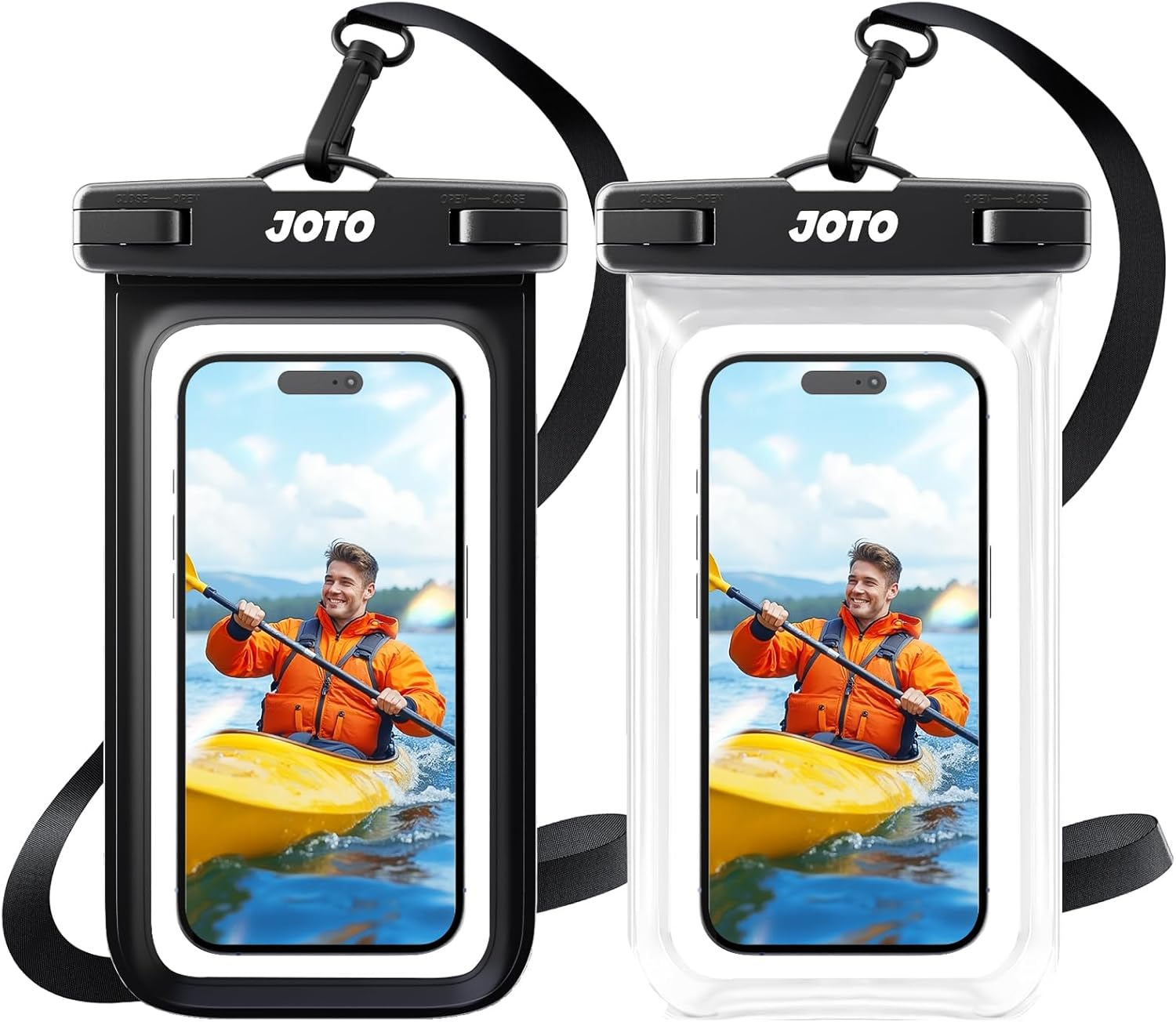 JOTO 2 Pack Waterproof Phone Pouch Case up to 7", IPX8 Underwater Phone Case Cellphone Dry Bag for Iphone 17 16 15 14 13 12 Pro Max Xs Max XR X 8 7 6S plus Se/Galaxy S24 S23 S22 S21 -Black/Clear