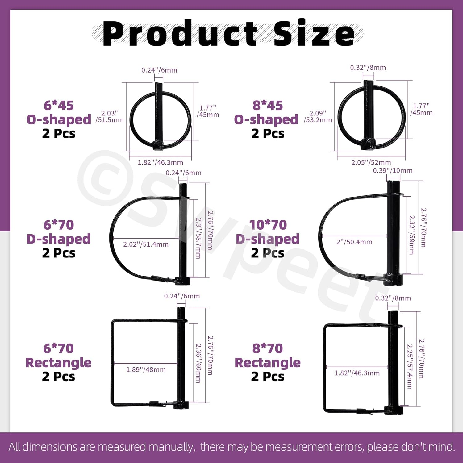 Swpeet 12Pcs 6 Sizes 1/4" 5/16" 3/8" Black Zinc Plated Heavy Duty Shaft Locking Pin Assortment Kit, Round/Square/Arch Safety Coupler Pin, Wire Lock Pin, Hitch Pto Pin for Trailers, Towing, Lawn image number 4