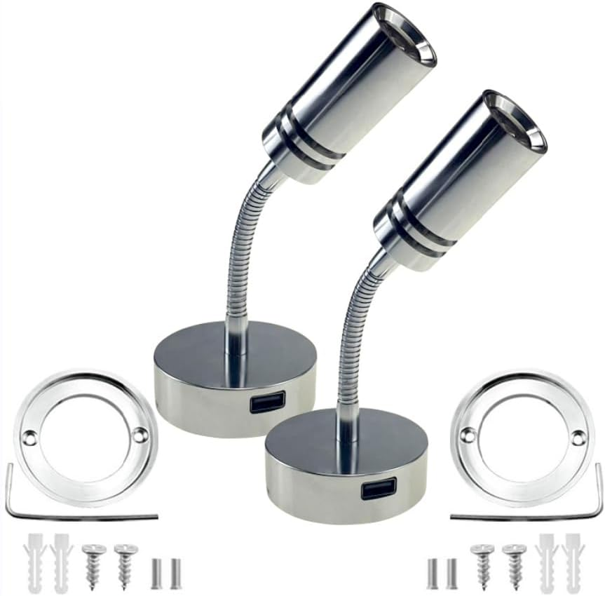 12V/24V RV Boat Reading Lamp, 3 Color Temperature Touch Dimming Bedside Reading Light with 5V/2A USB Charger Flexible Gooseneck Wall Light for RV Travel Trailer Truck Boat Interior Lighting (2PACK) image number 1