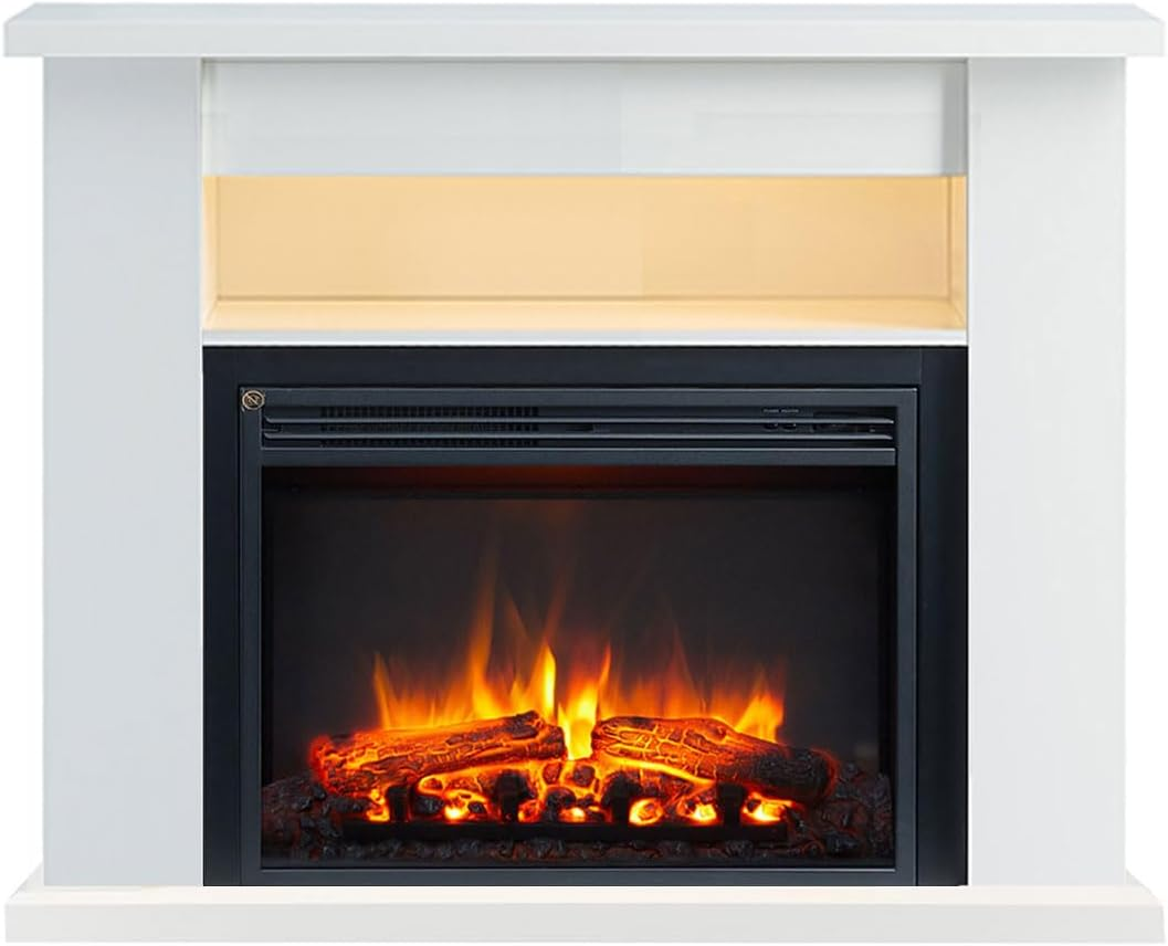 Modaliving Quartz 2000W Electric Fireplace Heater Mantel Suite Adjustable Shelves Mood Lighting Remote Control White or Rustic Dark Oak Finish (White)