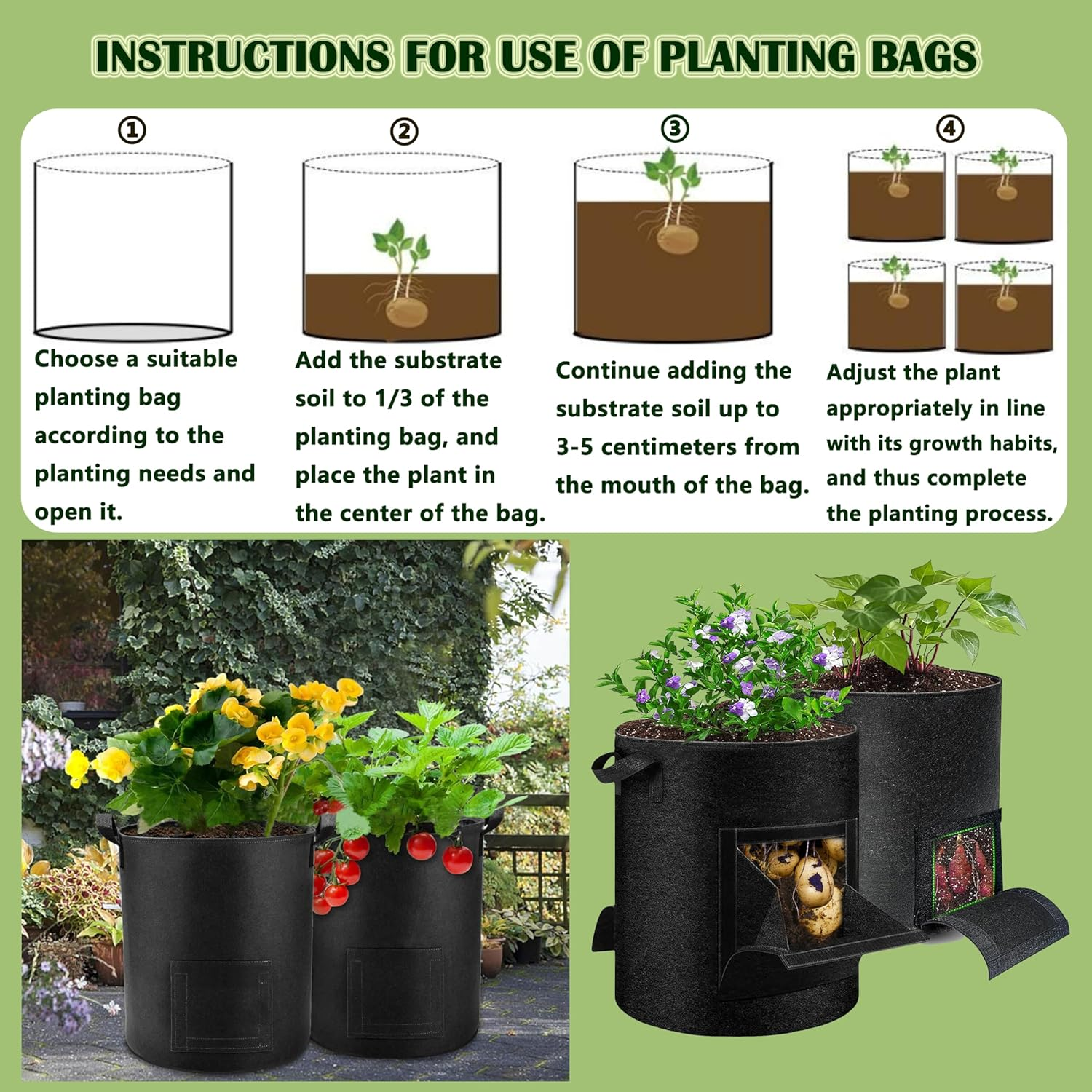 2-Pack 15 Gallon Potato Grow Bags - Plant Growing Bags with Handles & 2 Visible Flap for Potatoes, Carrots, Tomatoes and Other Vegetables image number 6
