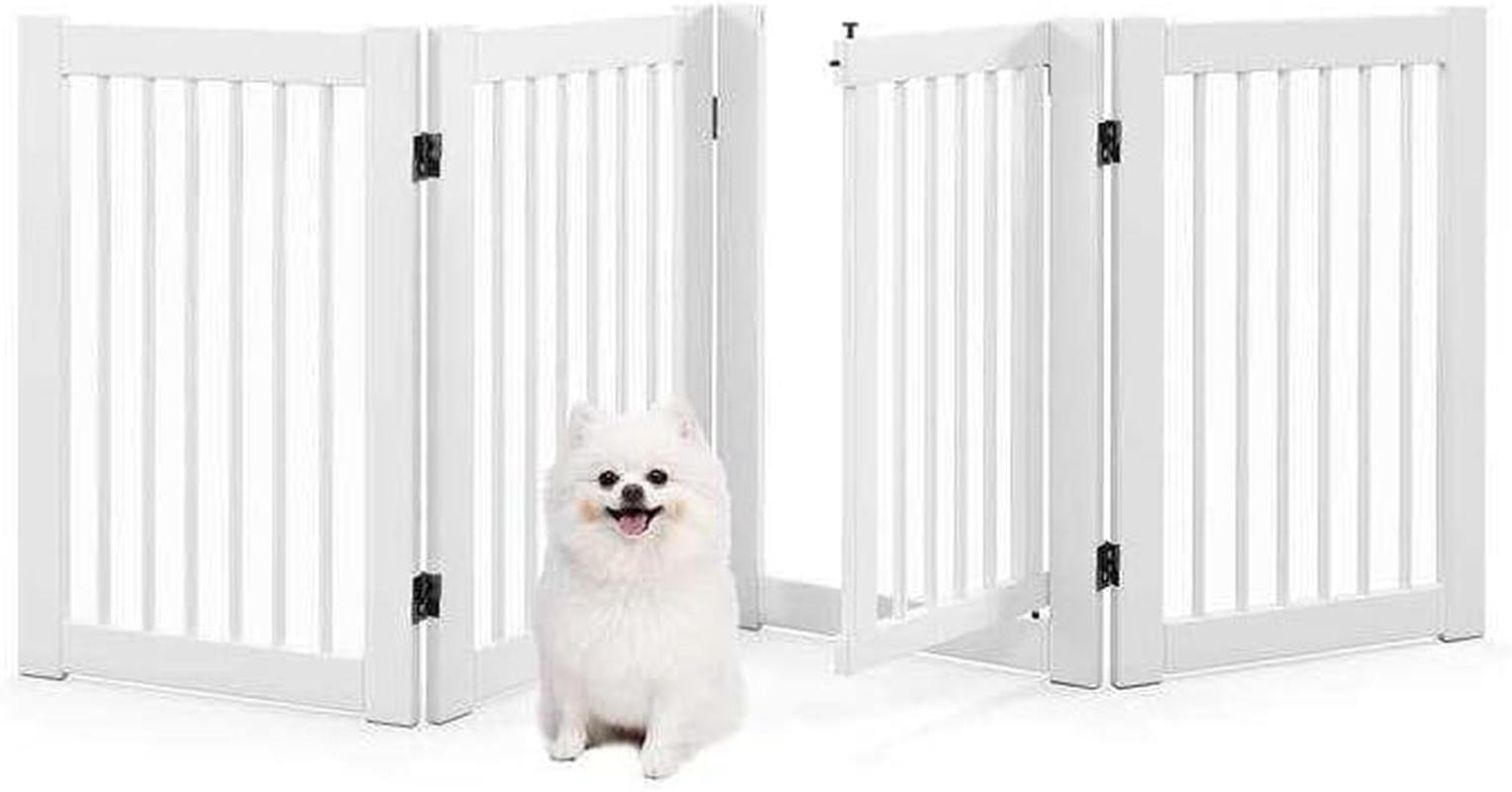 Costway 207 X 77 Cm Freestanding Pet Gate, 4 Panel Retractable Wooden Folding Dog Fence W/Walk through Door, 360&deg; Rotatable, Indoor Safety Gates for Stairs Doorways Hallways Bedrooms (White, 4 Panel)