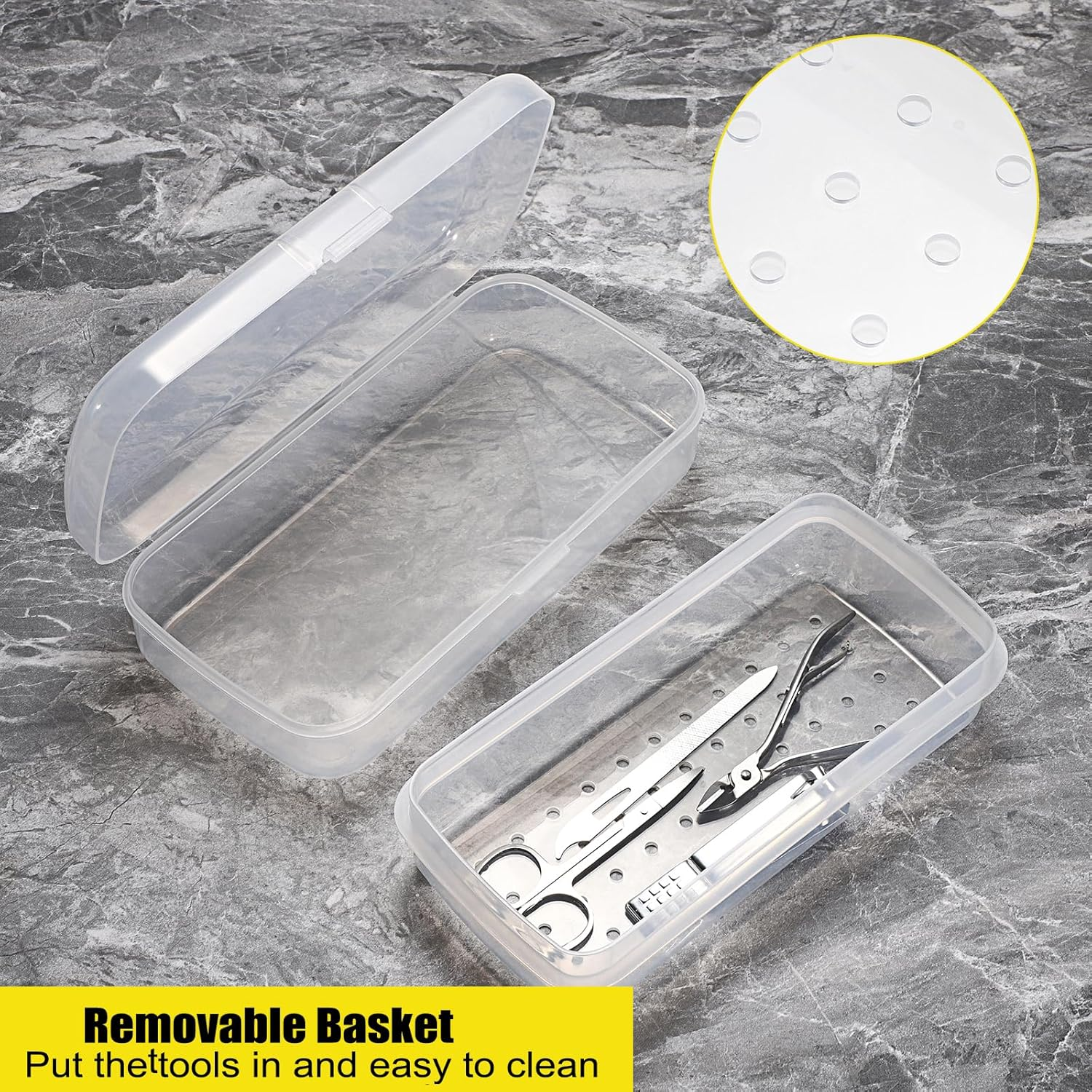 JUXYES Plastic Sterilizing Tray for Nail Art Accessories Tools, Portable Nail Art Tool Sterilizer Tray with Strainer, Fully Transparent Storage Box Organizer for Tweezer, Manicure Tools - Clear image number 3