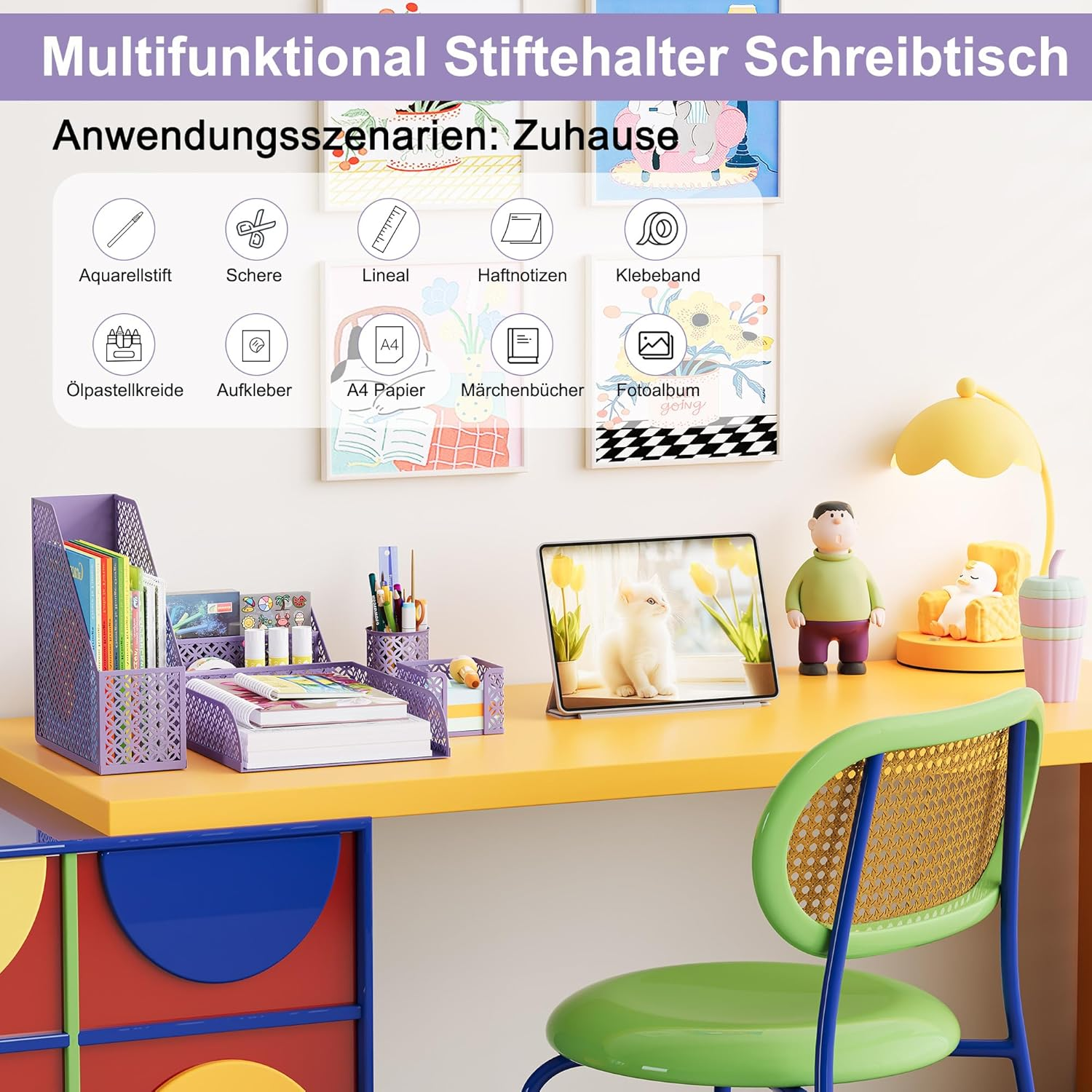 Solinxe Desk Organiser Set Made of Metal - Document Tray A4 Paper Letter Tray Pen Holder Letter Holder and Sticky Note Holder, Purple - Purple image number 3