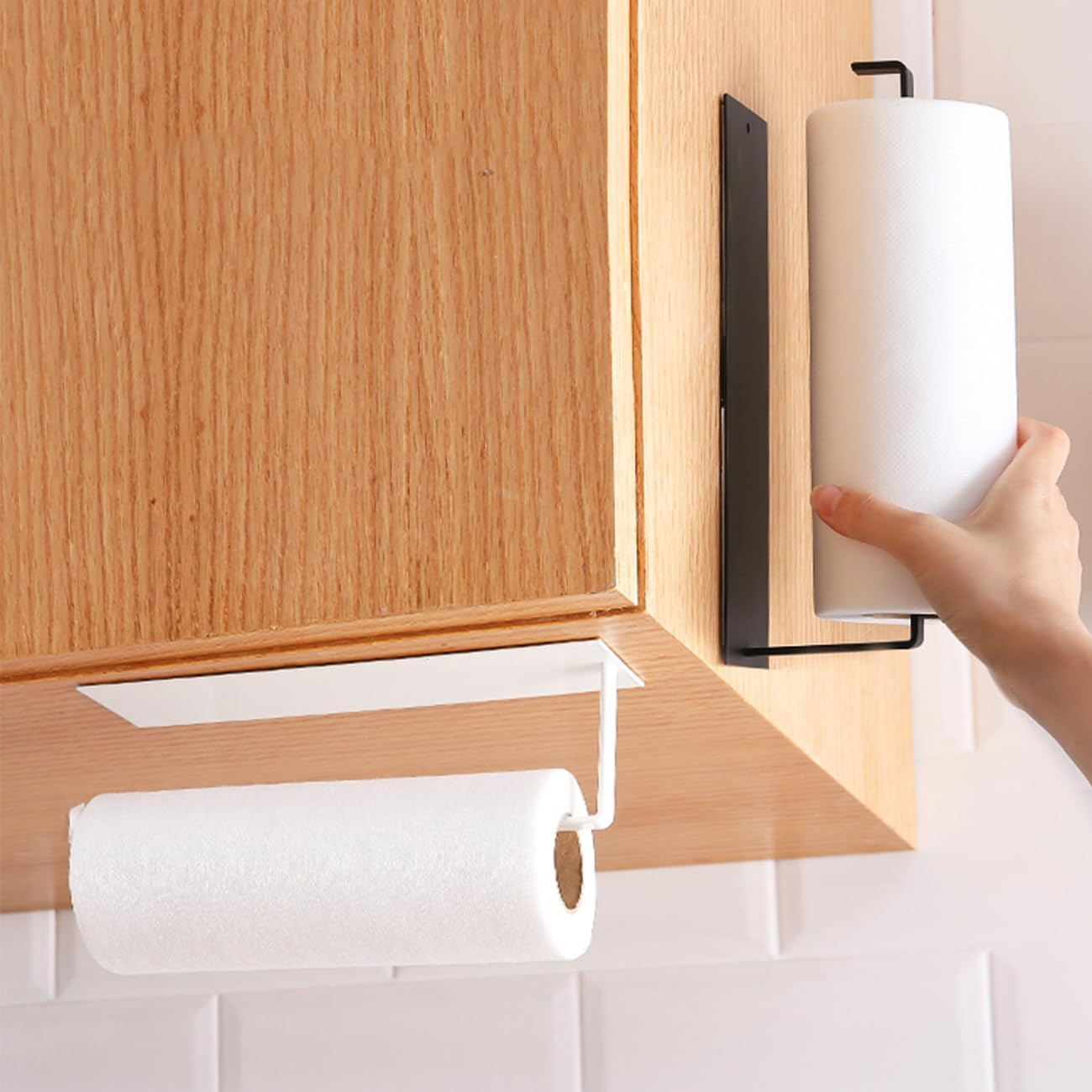 2 Pack Paper Towel Holder Self-Adhesive Wall Mounted Paper Towel Rack for Kitchen Heavy Duty Carbon Steel Paper Towels Rolls Holder under Counter for Bathroom Cabinets Towel Bar Rack (Black+White)