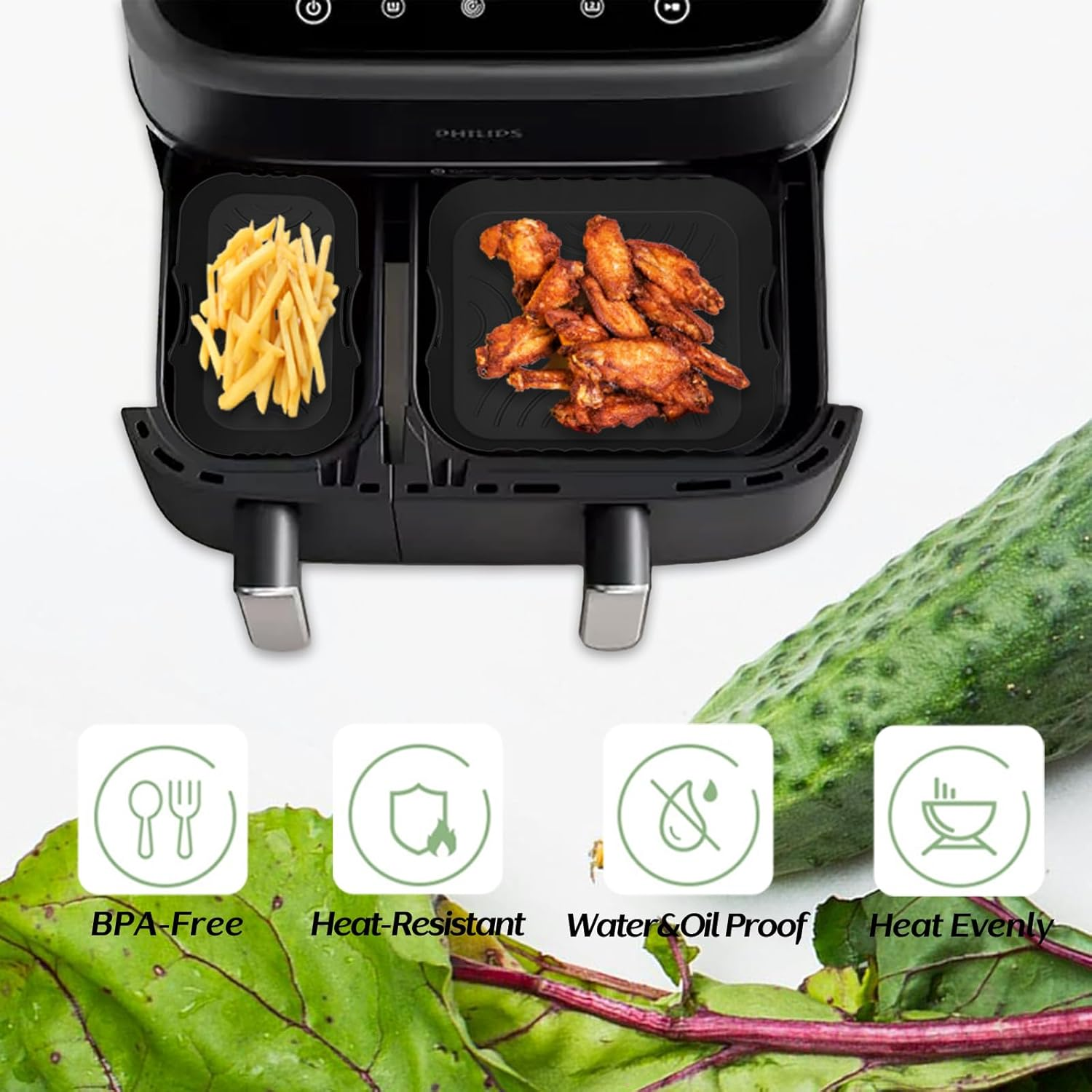 Marakruki 2Pcs Silicone Air Fryer Liners for Philips 3000/5000 Series, Reusable Silicone Liners for 5.2L+3.1L Dual Baskets, Philips Air Fryer 3000/5000 Series Accessories image number 3