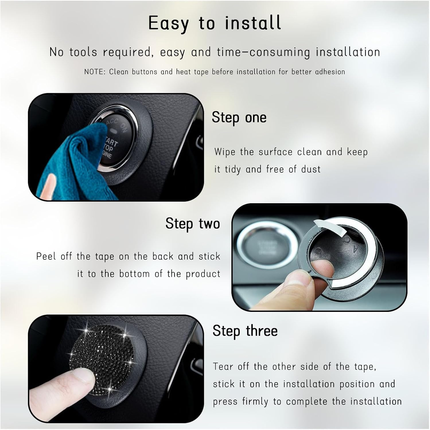 Bling Car Push to Start Button Cover, anti Scratch Ignition Button Protective Cap, Crystal Rhinestone Engine Button Sticker, Universal Auto Interior Decor Accessories (Black) image number 4