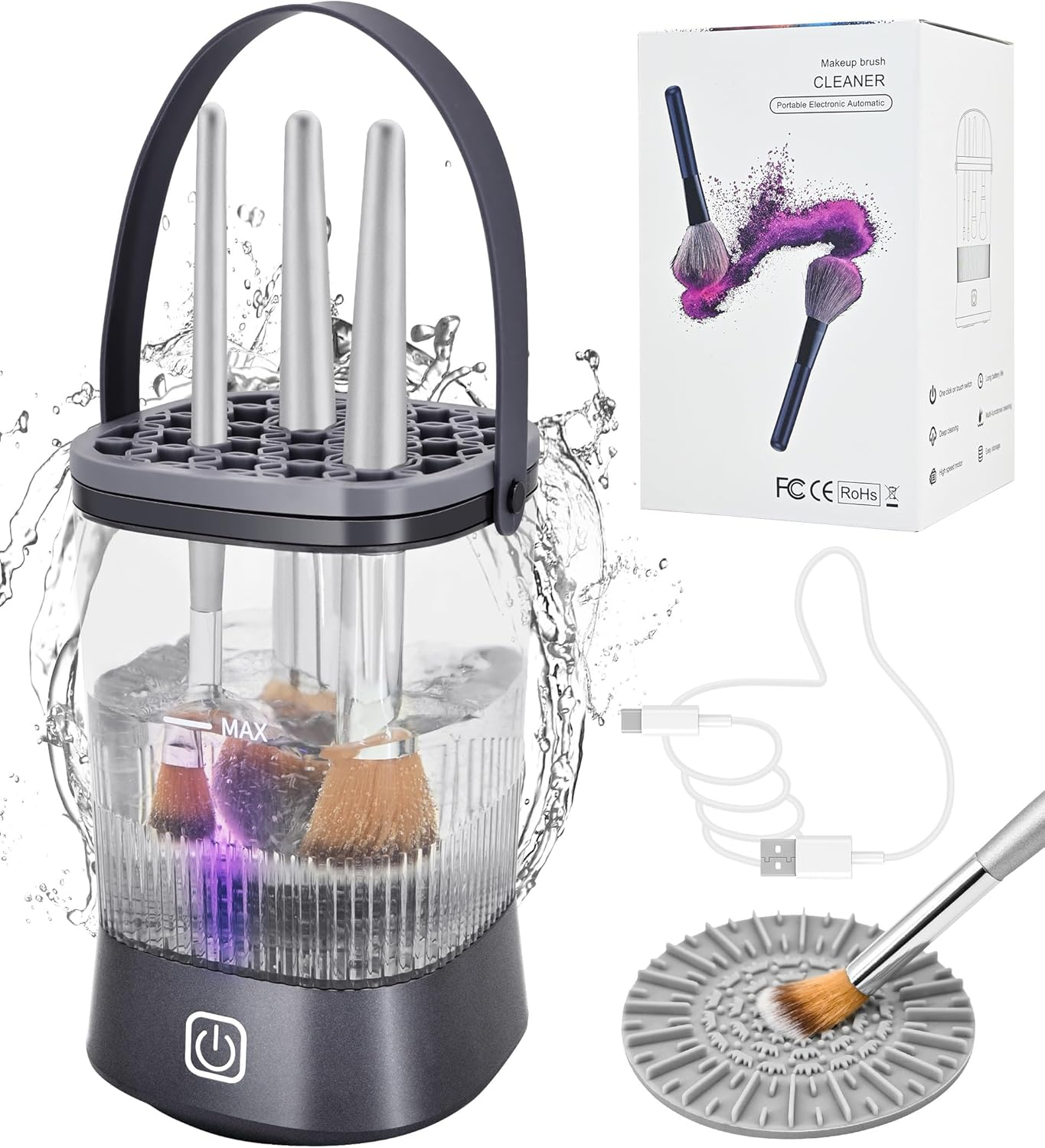 YOKONICO Makeup Brush Cleaner - 9000 RPM Electric Brush Cleaning Machine with 1200 Mah Rechargeable, IP65 Waterproof Automatic Makeup Brush Cleaner for Makeup Sponges and Brushes (Gunmetal Grey) image number 3