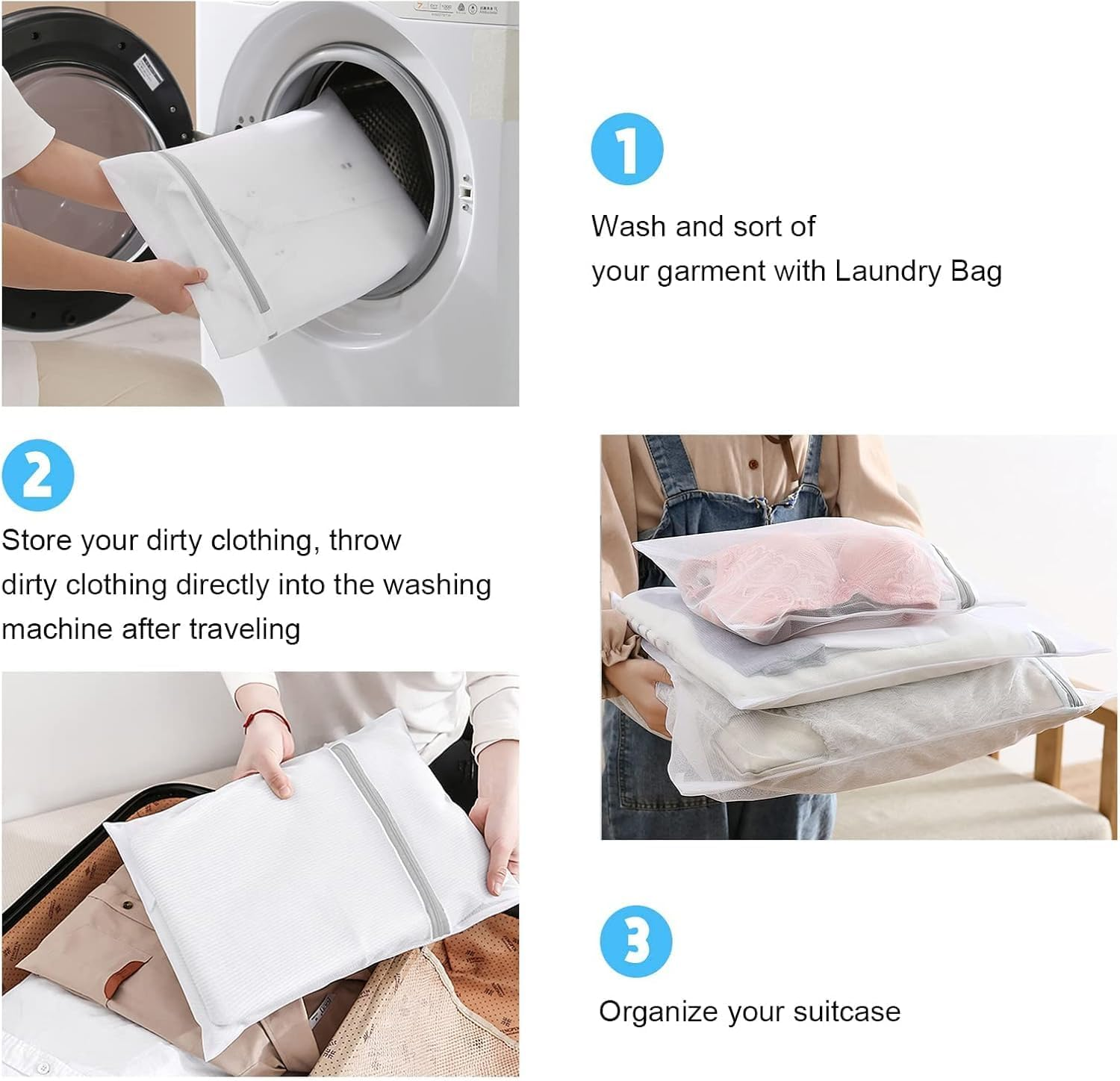 GENHY 5Pcs Mesh Laundry Bags, Durable and Breathable, Materials, Fine Gloss, No Odor, Strong and Durable, Fine Mesh, Smooth Zipper（White） image number 3