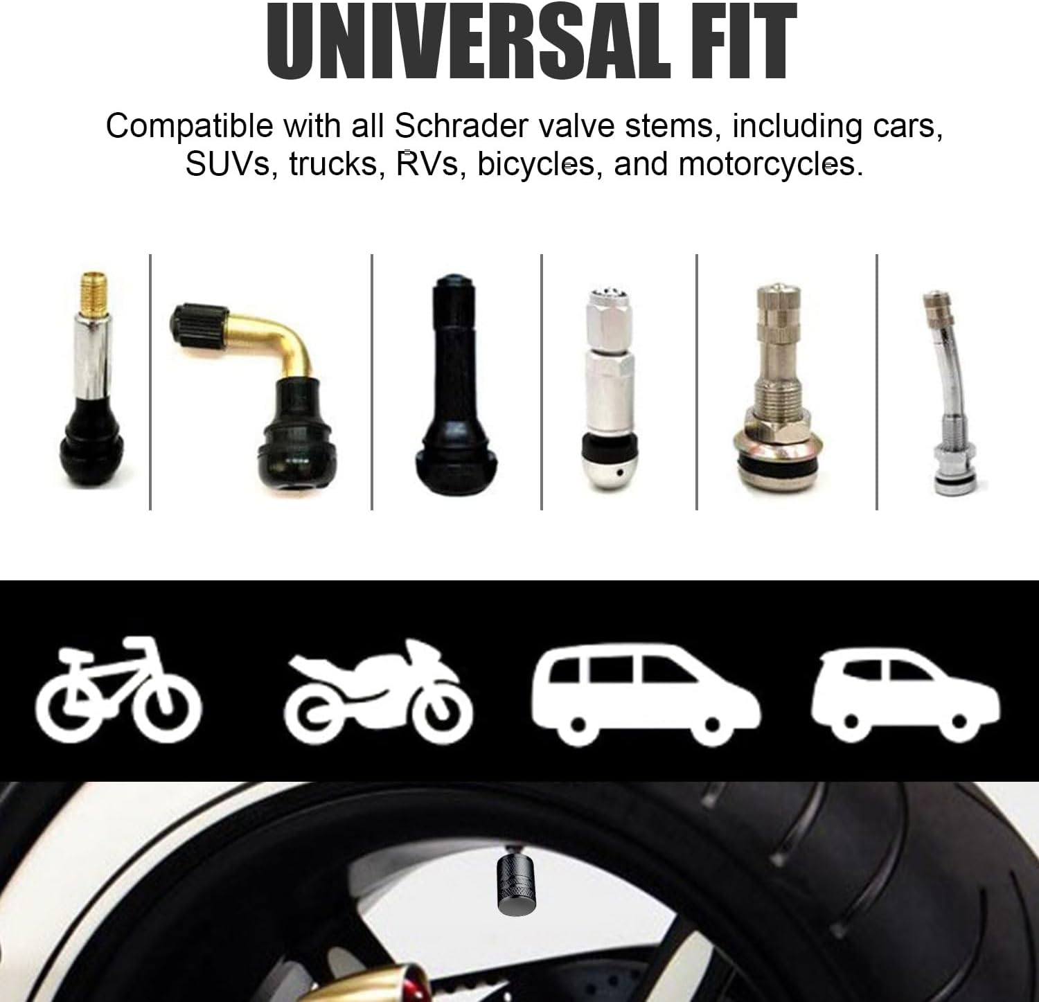 Tire Valve Stem Caps - (4 Pack) Premium Metal Air Caps with Plastic Liner, Durable, Corrosion Resistant and Leak-Proof, Universal Fit for Cars, Trucks, Motorcycles, and Bikes - Black image number 3