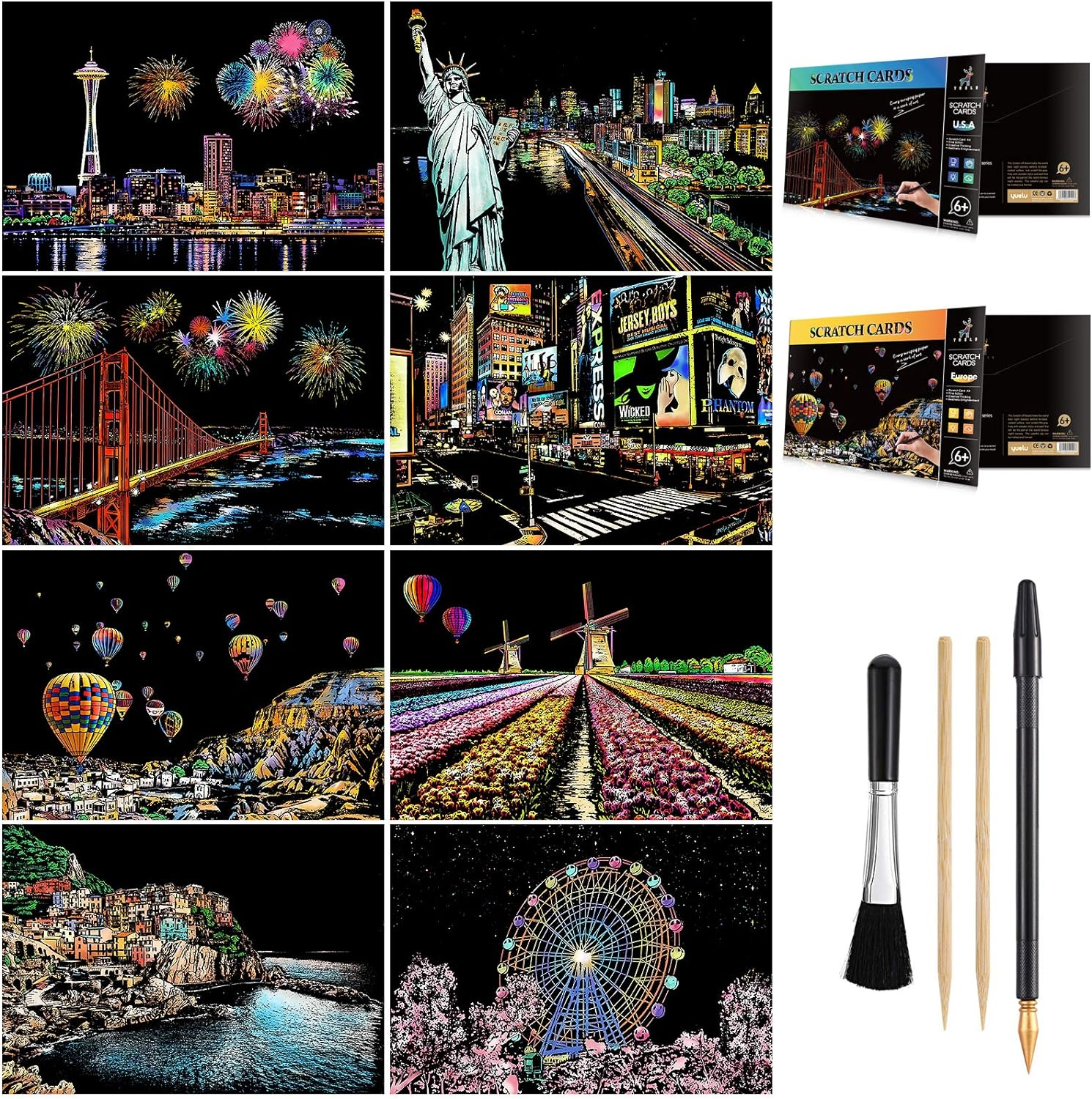 Scratch Art for Kids & Adults, Rainbow Engraving Painting Landscape Scratchboard(A4) Crafts Set: 8 Sheets with 4 Tools - New York, Statue of Liberty, Golden Gate Bridge, Manarola (America/Europe)
