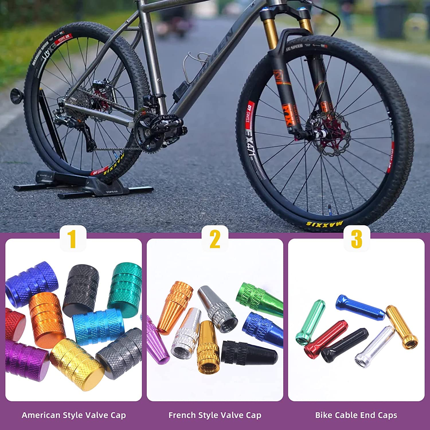 Swpeet 64Pcs 3 Styles Bike Cable End Caps Assortment Kit, Multi Color Anodized Aluminum Alloy Cycling Valve Cap Adapter Cap Bicycle Bike Tire Caps for Bicycle Bike Tire Caps
