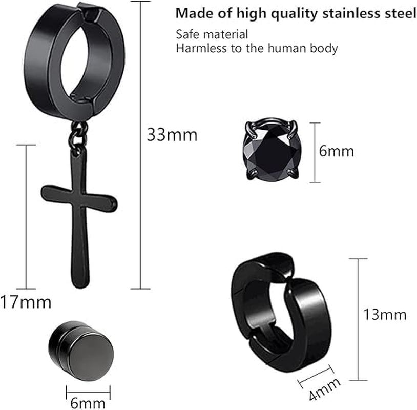 8 Pairs Non-Piercing Earrings Stainless Steel Magnetic Stud Earrings Cross Dangle Hoop Earrings Clip on Earring Set CZ Inlaid for Men Women Fake Gauges Earrings Black Silver