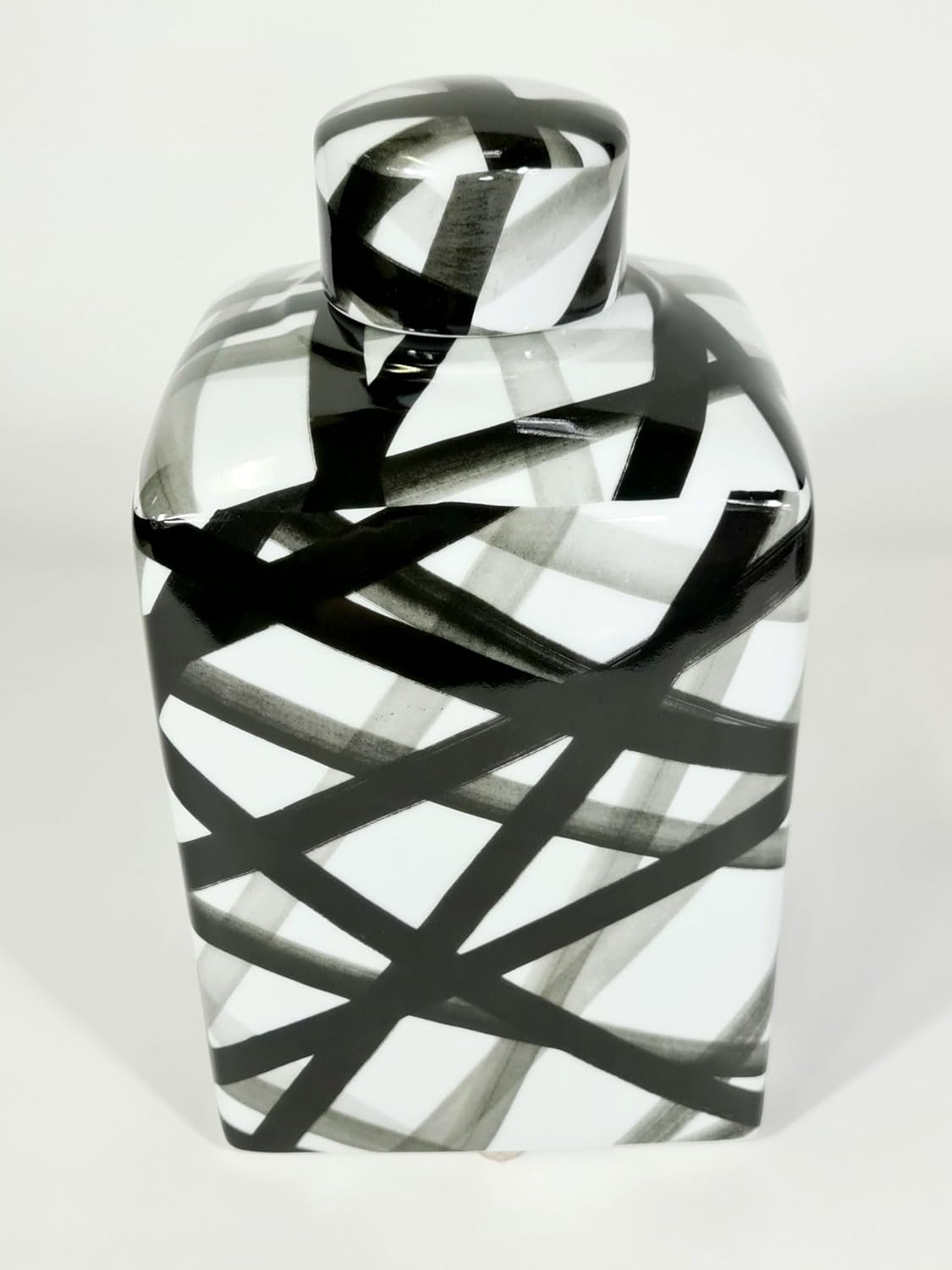 Trojan Homeware Medium Handpainted-Black and White Container, Graphic Black Strips 70% Off image number 2