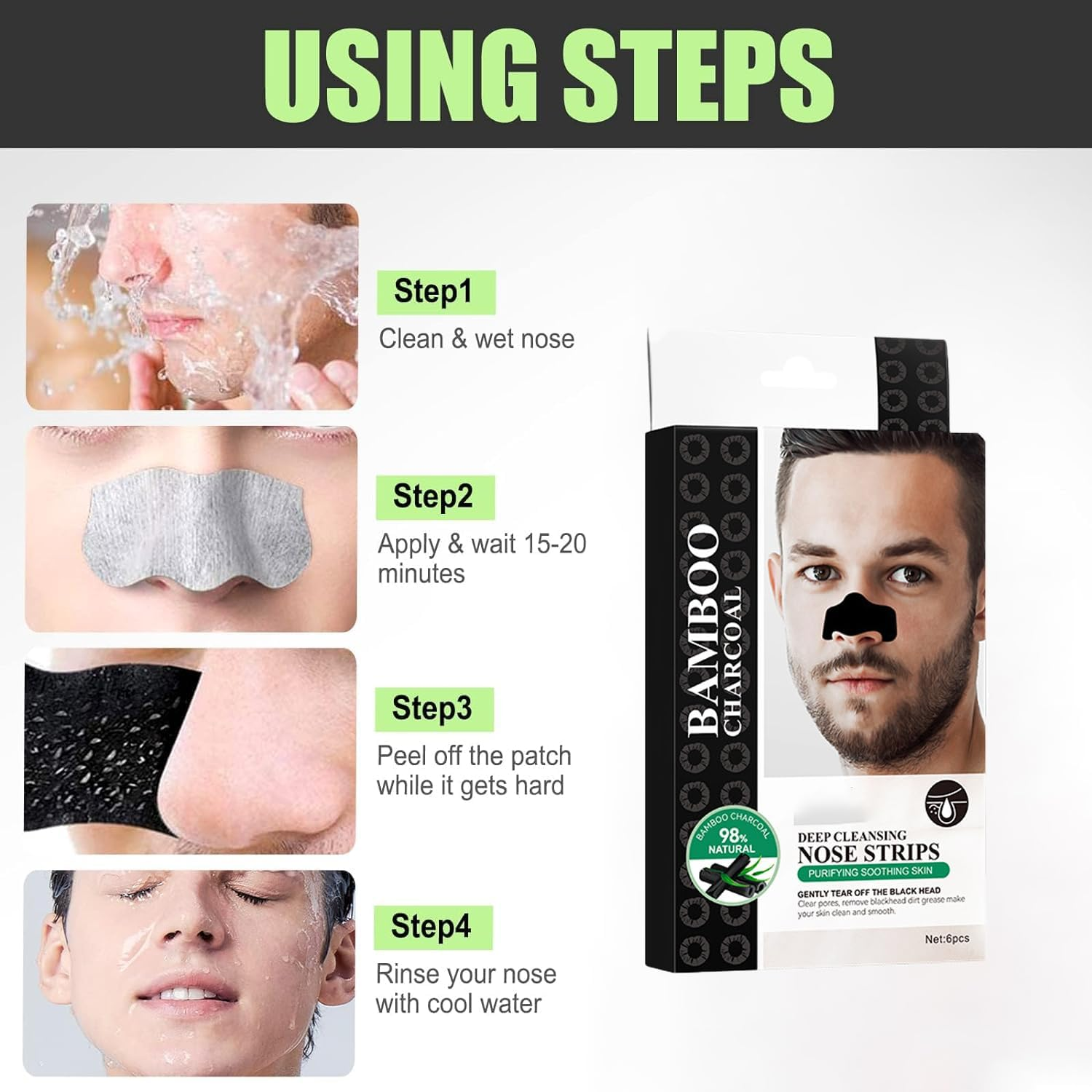 Men Blackhead Pore Strips, Deep Cleansing Blackhead Remover for Face, Natural Charcoal Nose Strips for Oily Skin, Large Size Nose Pore Strips for Black Head Whitehead Pore Unclogging Minimizer, 6PCS image number 2