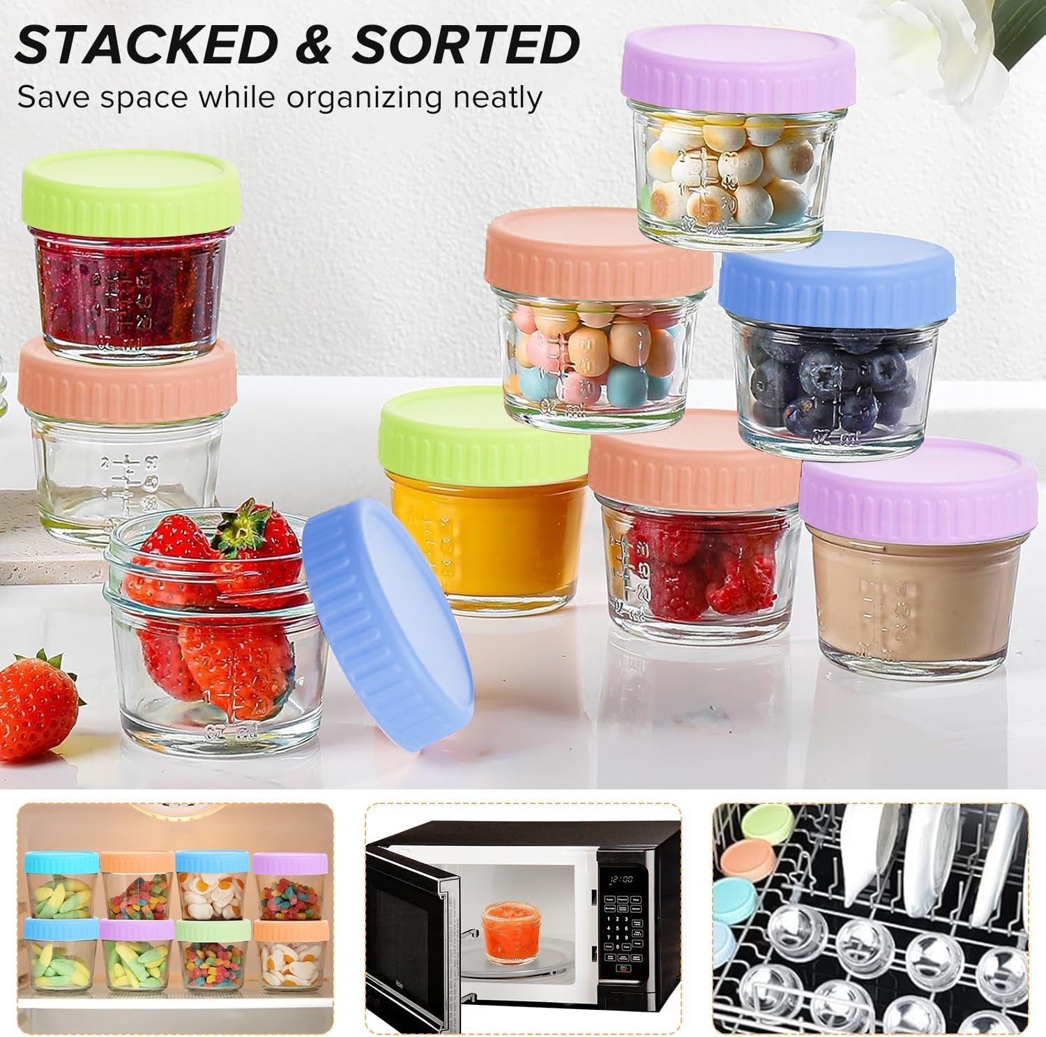 Necomi Glass Baby Food Storage Jars,20 Pack,4Oz Baby Food Jars with Airtight Lids,Small Meal Preparation Cans for Baby Food，Fruit and Vegetable Puree, Small Snacks,Freezer & Microwave Safe image number 5