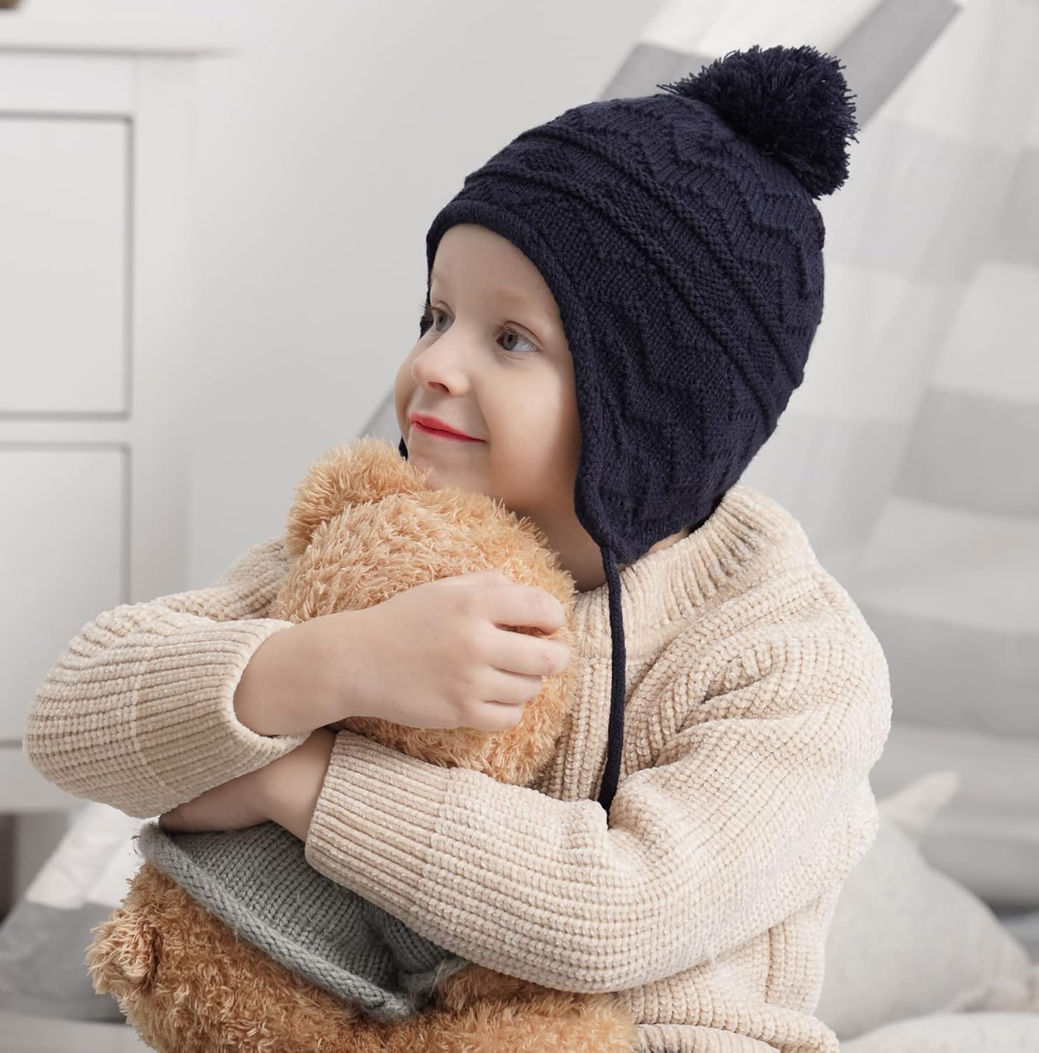 Connectyle Toddler Boys Girls Fleece Lined Knit Kids Hat with Earflap Winter Hat image number 4