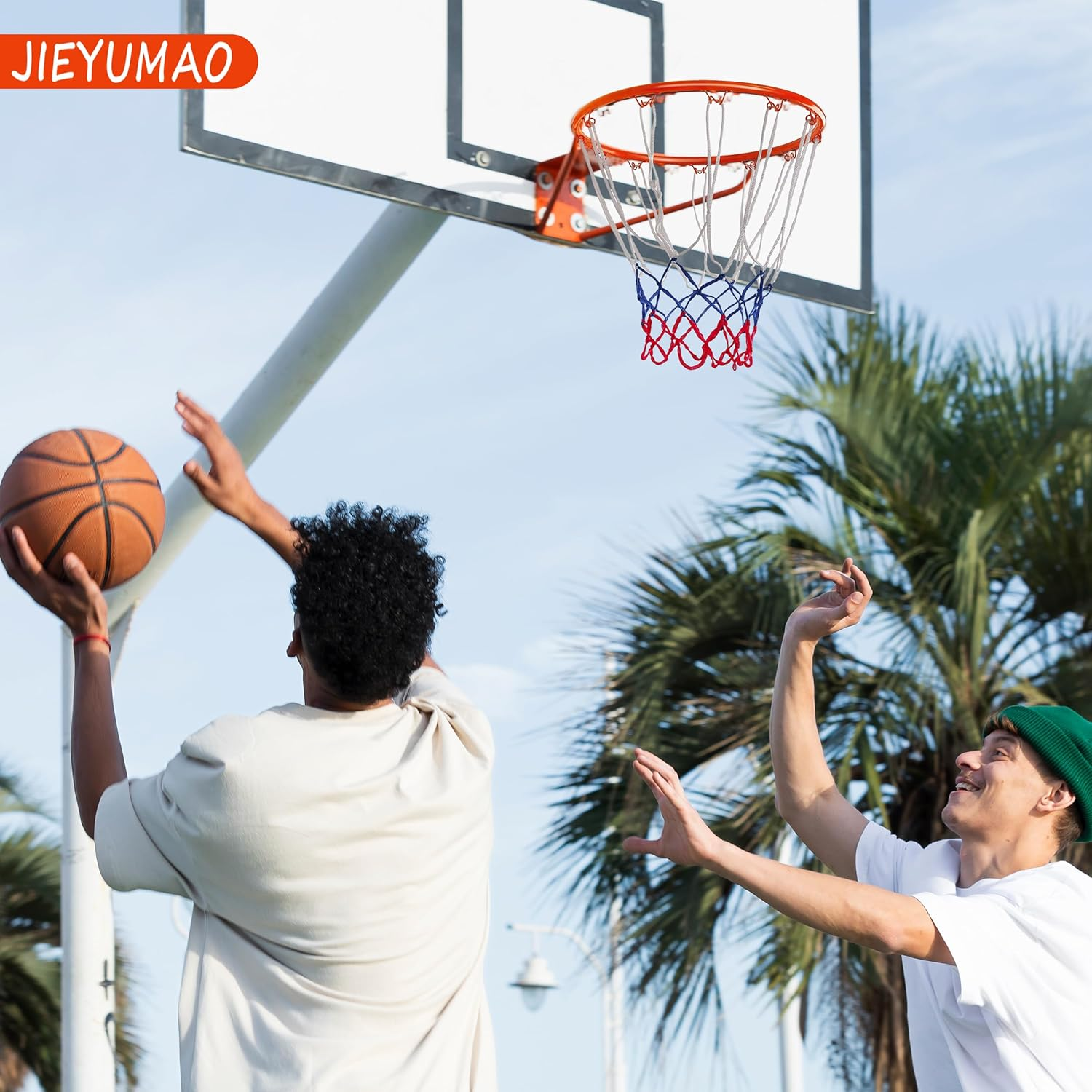 JIEYUMAO 4Pcs Basketball Nets, 2 Colors Heavy Duty Basketball Net Replacement, Red White Blue Nylon Basketball Nets Basketball Hoop Net Outdoor Basketball Net for Home School Park Gym image number 4