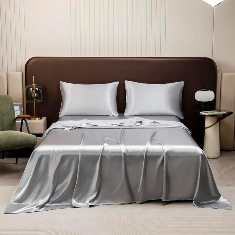 Luxury Bed Sheet Set- Ultra-Soft Silk Satin Bed Sheets - Breathable Bedding - Wrinkle, Fade, Stain Resistant - Deep Pocket (Gray, Queen) image number 3