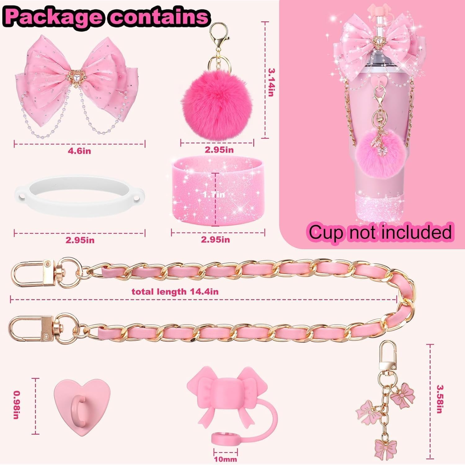 Bling Cup Accessories for Stanley Cup - Fits 20Oz, 30Oz & 40Oz Tumblers with Handle, Includes Bow Straw Topper, Decorative Straw Bow, Leather Handle Strap & Boot (Pink) - Pink image number 2