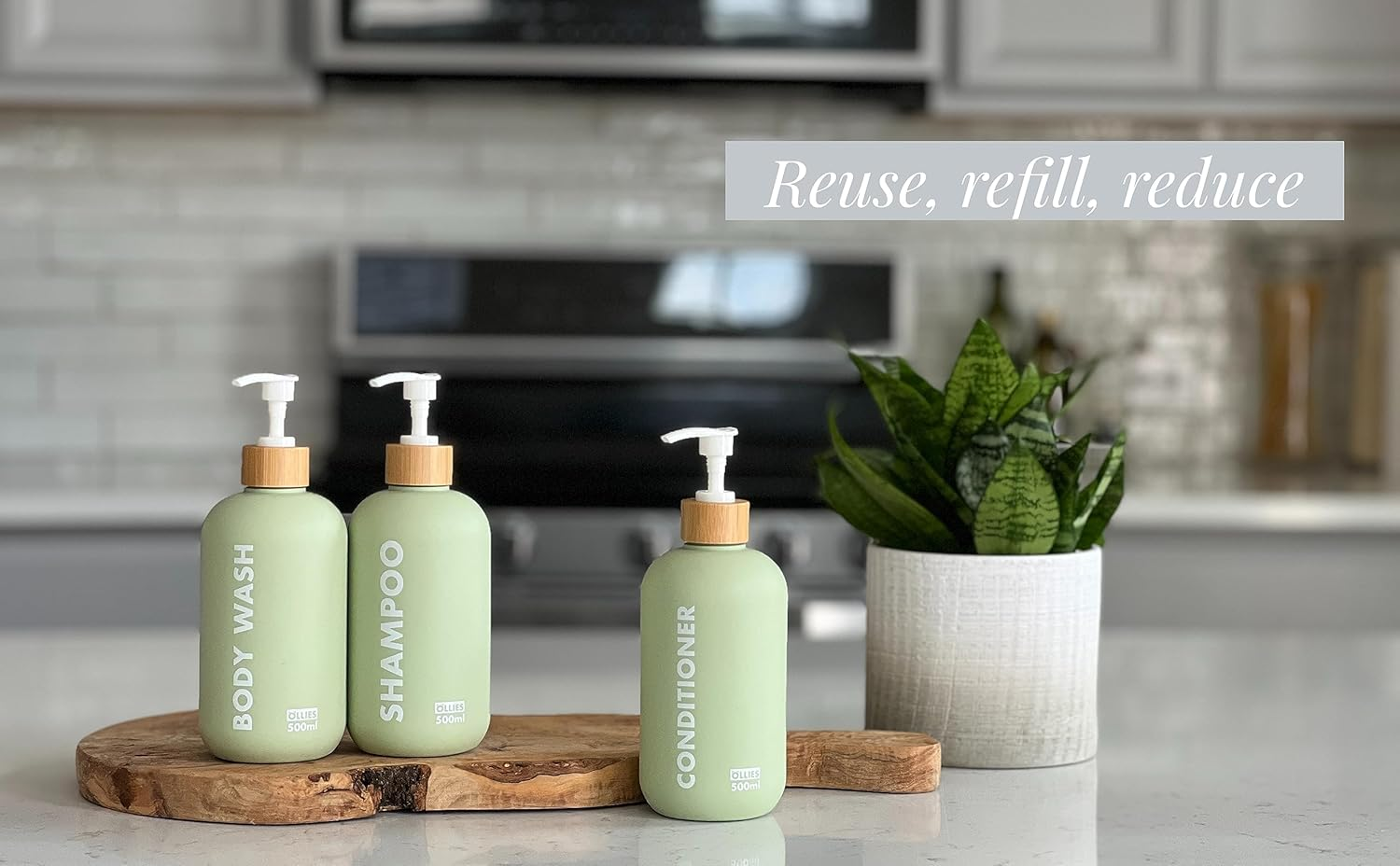 OLLIES Shampoo and Conditioner Dispenser, Shower Soap Dispenser for Bathroom-Set of 3 with Permanent Stylish Label-17Oz, 500Ml Refillable Shampoo and Conditioner Bottles Green