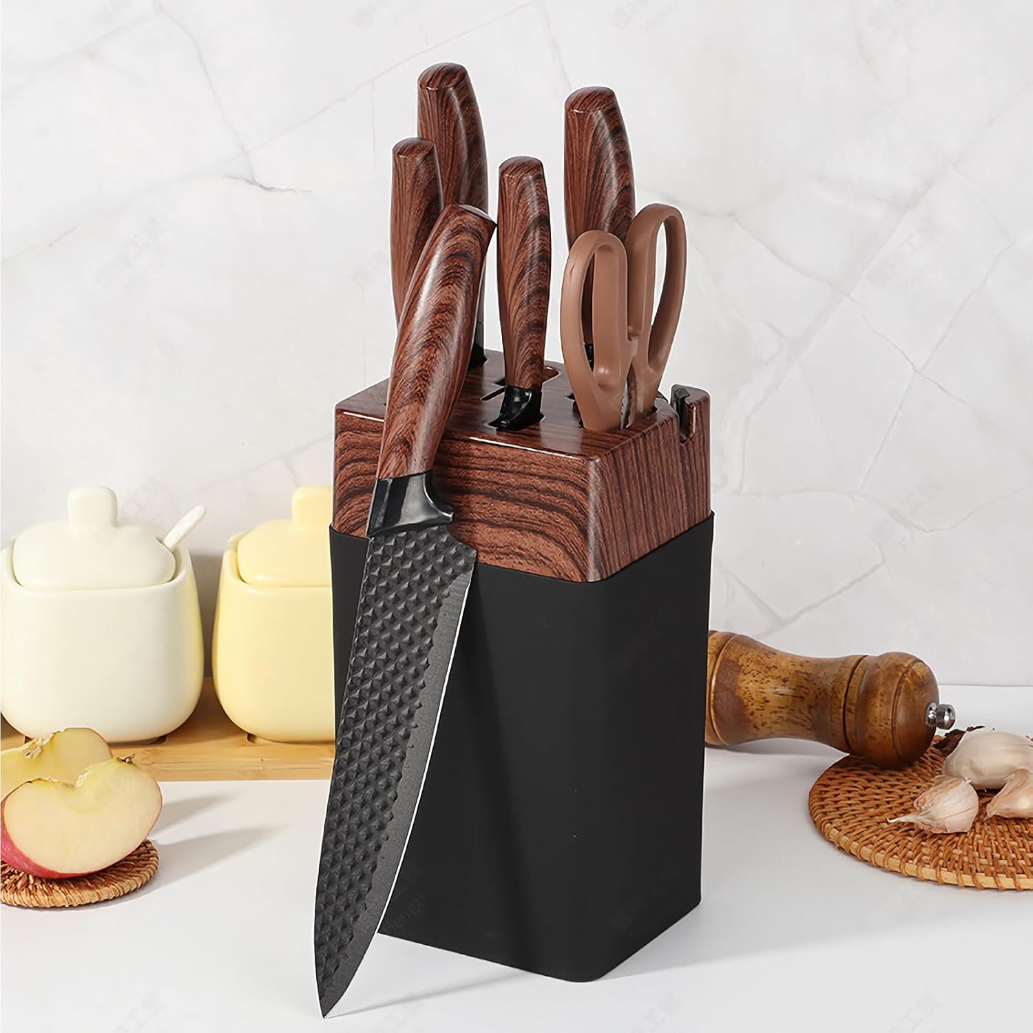 Knife Set, 7 PCS Stainless Steel Kitchen Knife Block Set with Built in Knife Sharpener, Black Non Stick Coated Knife, No Rust and Sharp Knife,Best Giftdark Brown Handle image number 2