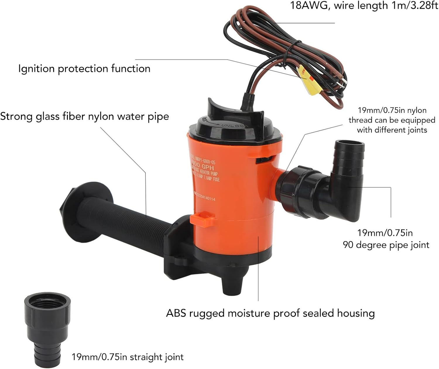 Livewell Pump, 12V 800GPH Livewell Pump Bait Tank Aerator Live Bait Tank Aerator Submersible Cartridge 90 Degree Boat Bilge Pump for Marine image number 4