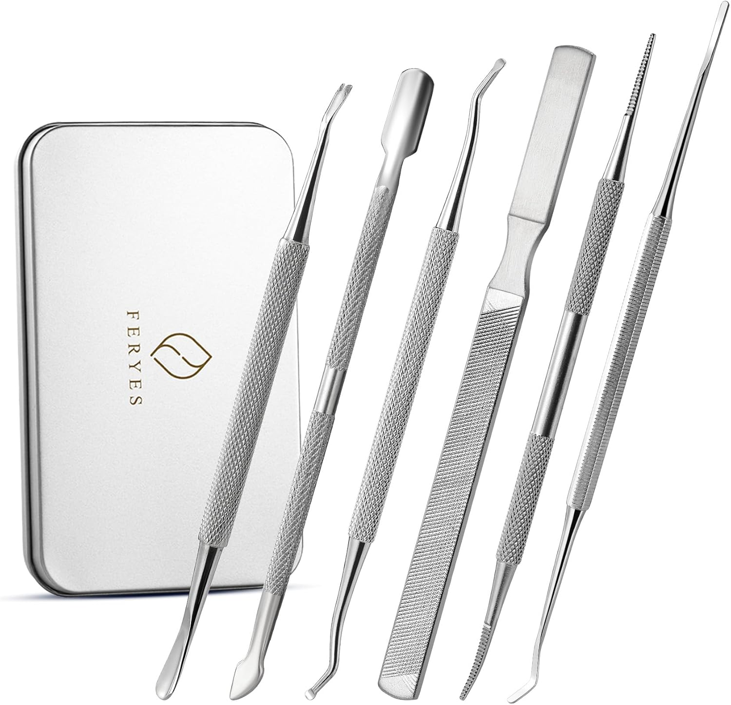 FERYES Ingrown Toenail Removal Tool Kit - 6 Piece Pedicure & Manicure Tools Set with Nail Files, Lifters, Cuticle Trimmers - Podiatrist Grade Nail Care Kit for Thick & Ingrown Nails - Silver image number 5