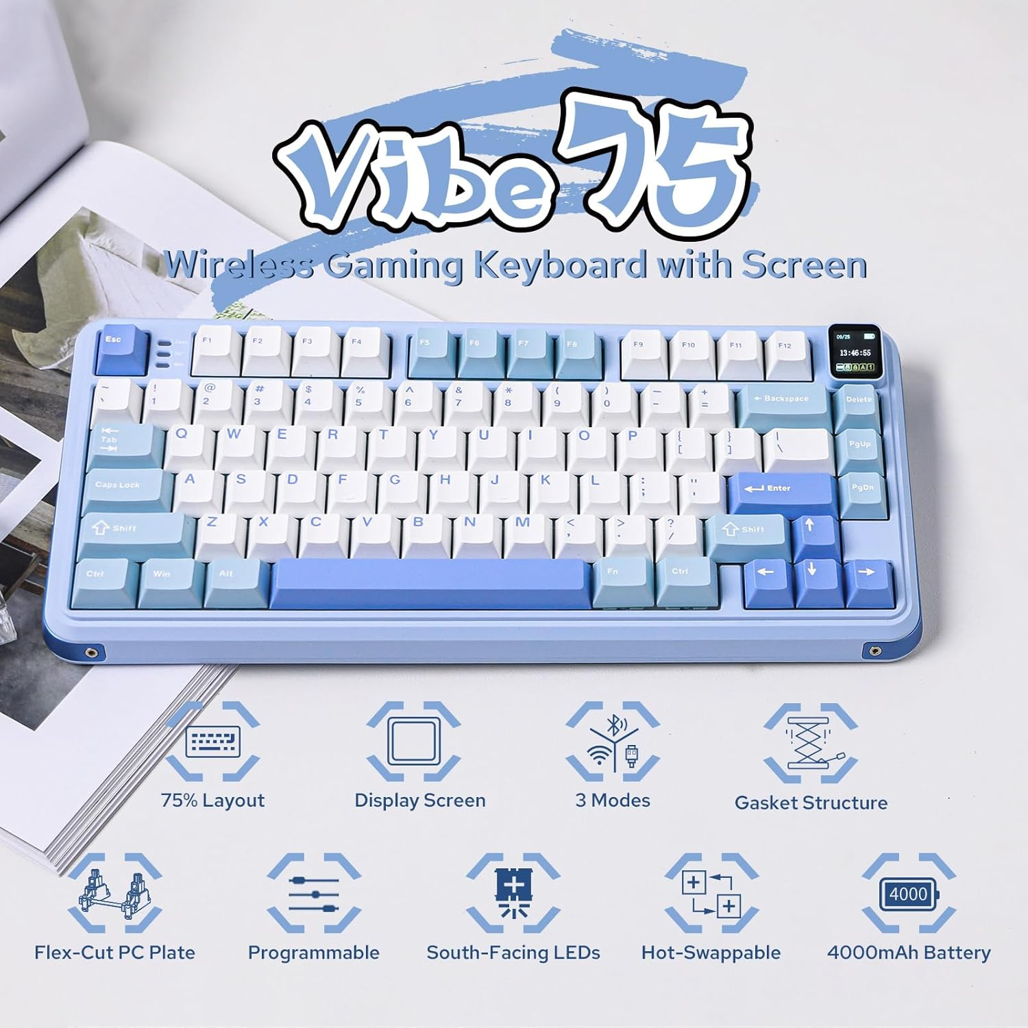 Mechlands Vibe75 75% Wireless Gaming Keyboard with Interchangeable Screen&Knob Modules, Hot Swappable Creamy Mechanical Keyboard with Gasket Structure, Bt5.0/2.4Ghz/Usb-C, 5-Layer Padding, RGB (Blue) image number 1