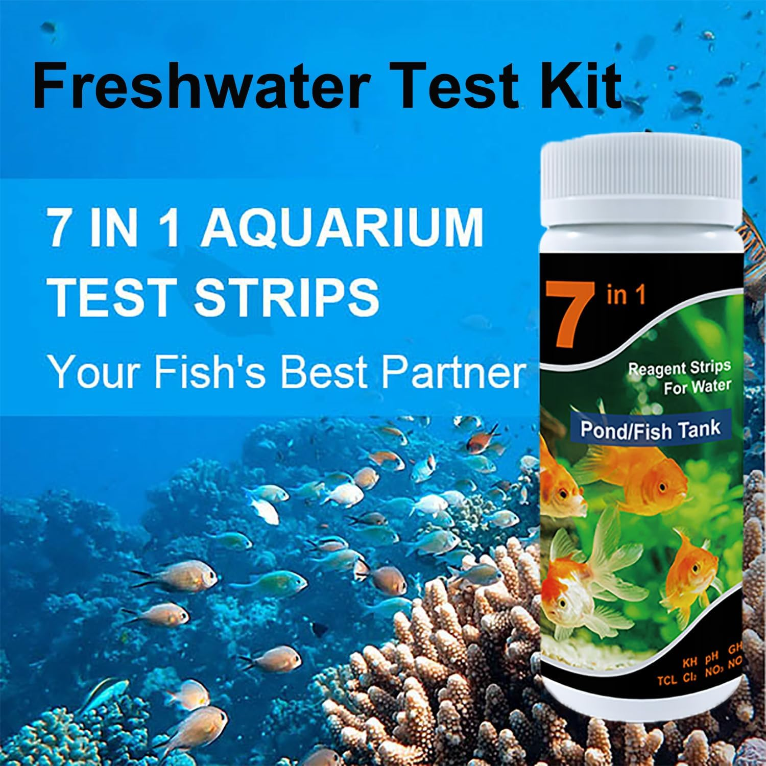 Aquarium Test Strips, 7 in 1 Fish Tank Test Strips, 100 Strips Aquarium Water Test Kit, Freshwater Test Kit for Test PH, Carbonate, Hardness, Total Chlorine, Free Chlorine, Nitrite, Nitrate image number 1