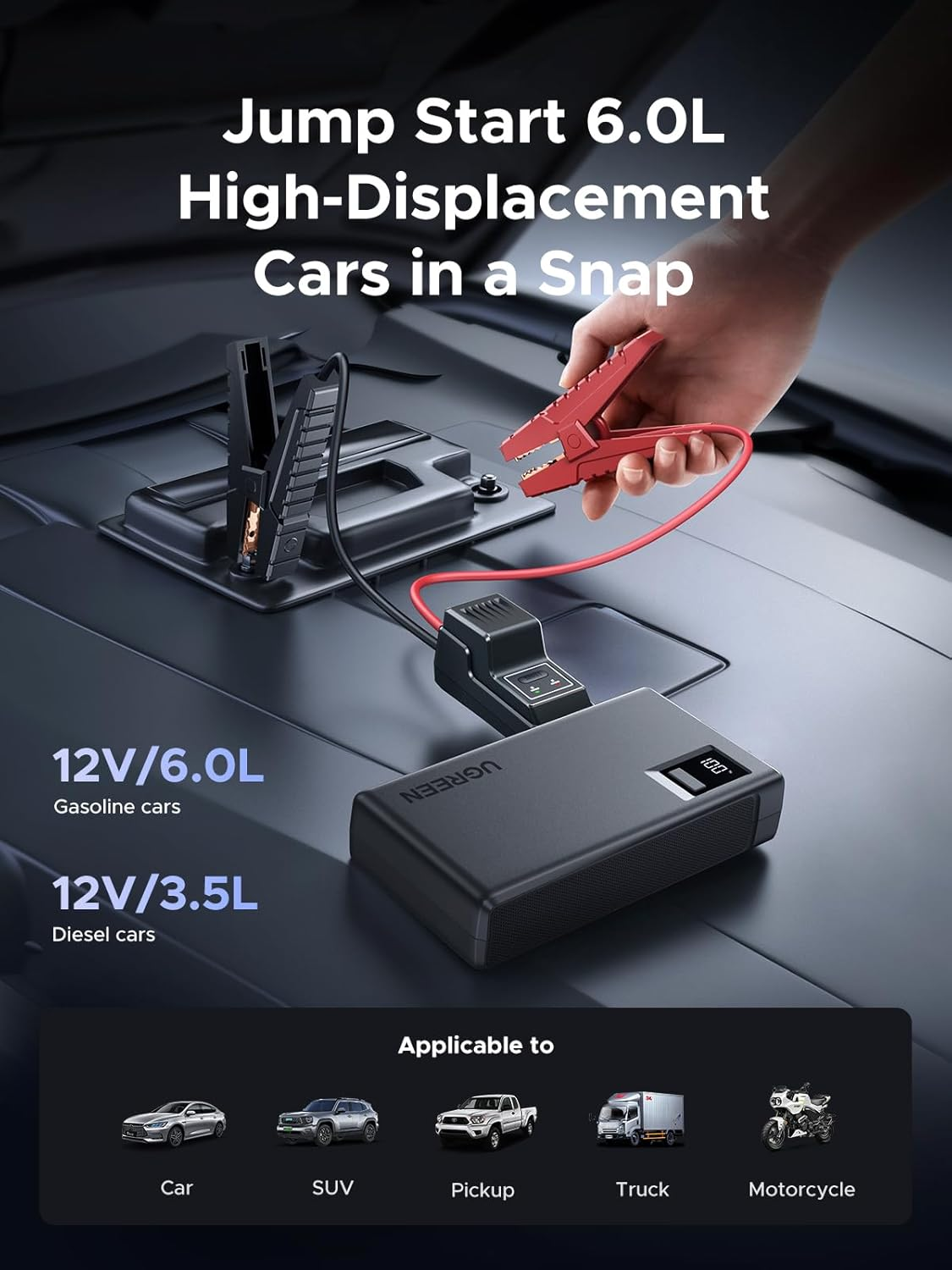 UGREEN Car Battery Jump Starter, 1000A Ultrasafe 12V Battery Pack, 3 in 1 Battery Booster, Jump Box, 12000Mah Portable Charger, Smart LED Light, Jumper Cables for 6.0L Gasoline and 3.5L Diesel Engines image number 6