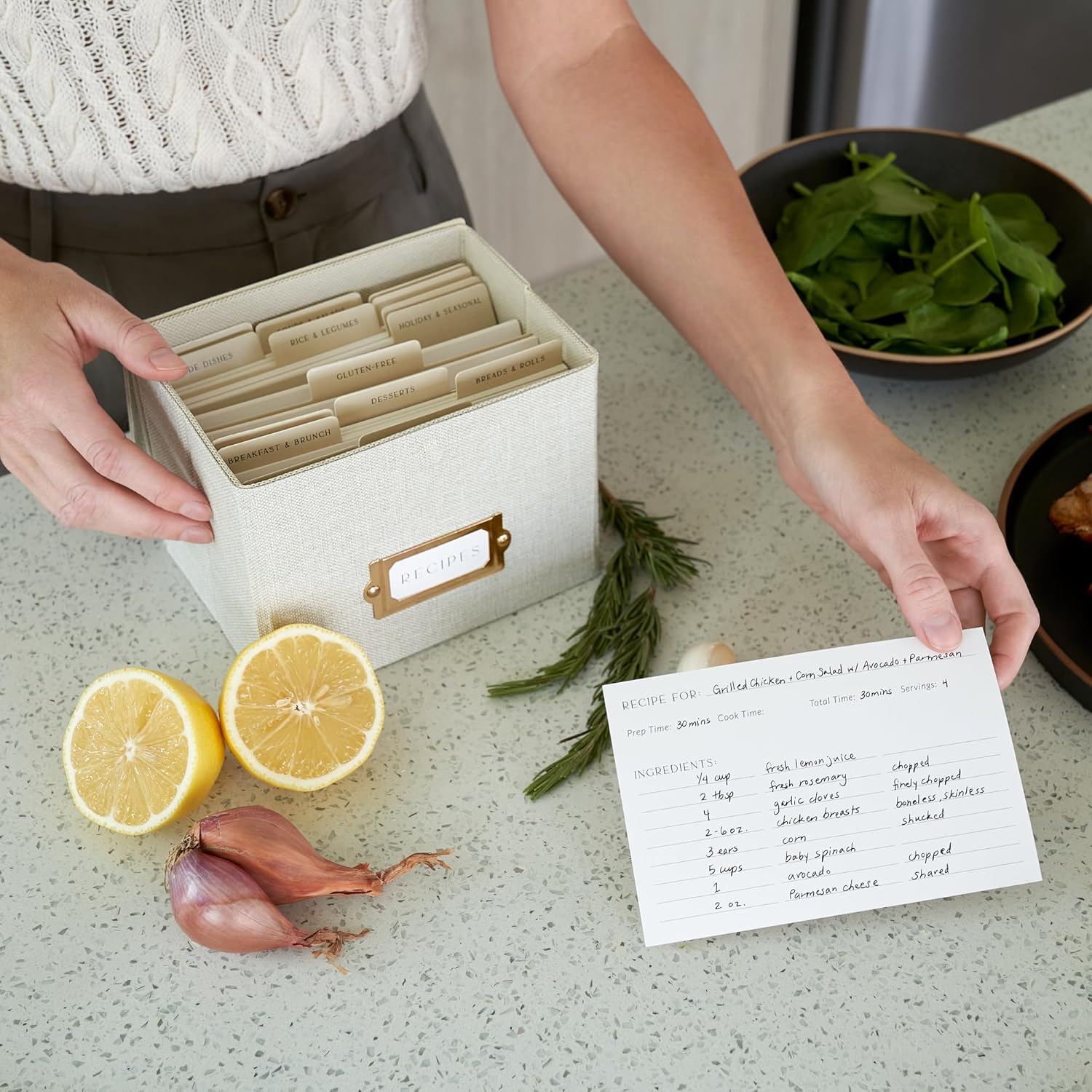 ZICOTO Beautiful Linen Recipe Box - Fits 4X6 Inch Recipe Cards to Easily Organize up to 250 Recipes - a Sturdy Card Holder and Great Gift That Perfectly Fits into Any Kitchen - Cards Not Incl. image number 3