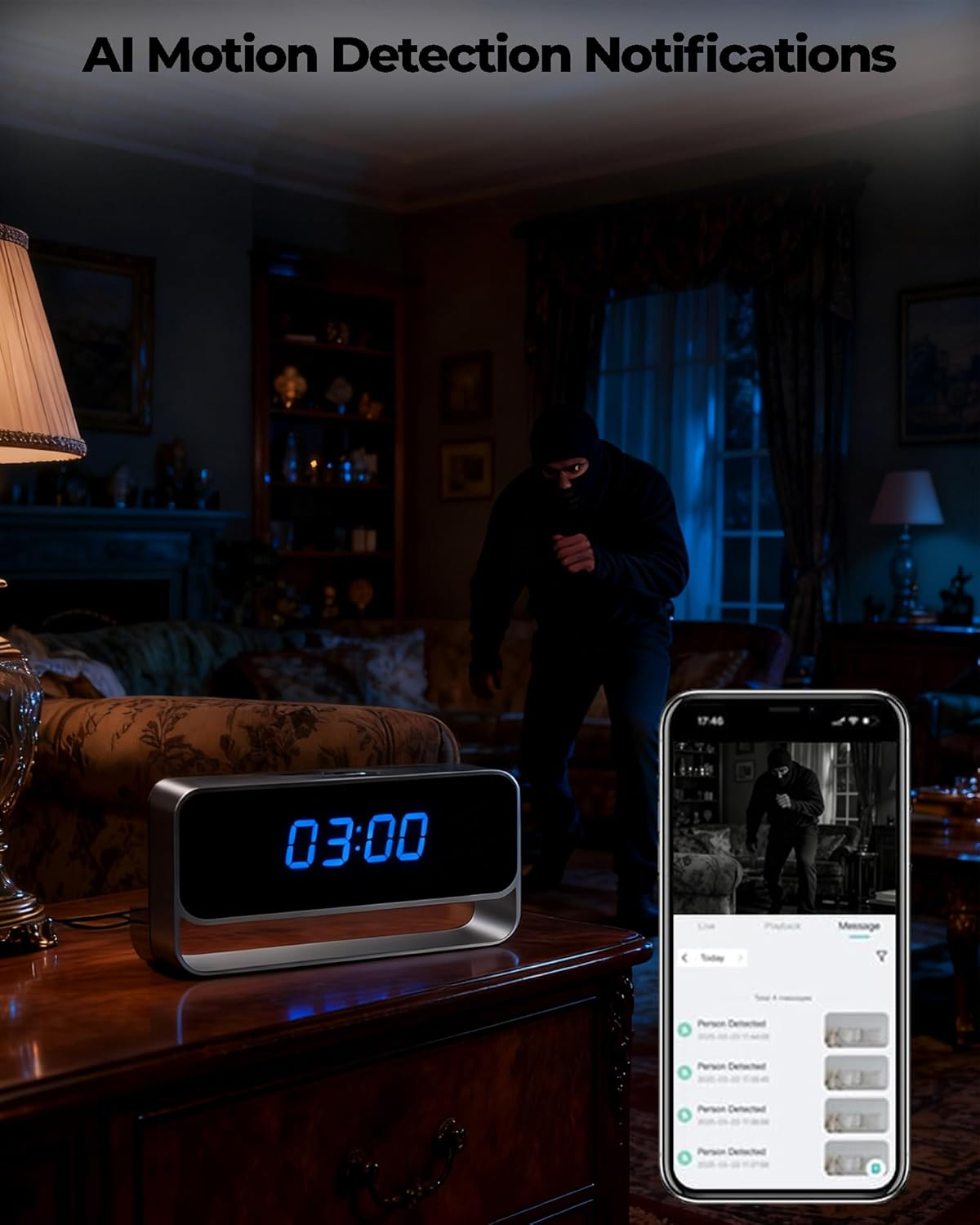 HD 1080P Wifi Spy Camera Clock for Home, Wireless Hidden Camera Office, Indoor Surveillance Nanny Cam with Motion Detection/Night Vision image number 4