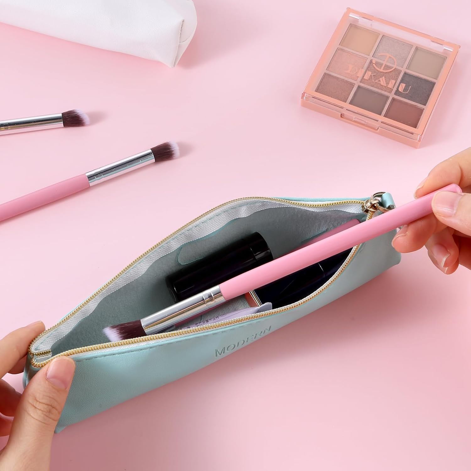 TIESOME PU Leather Pencil Case, 2PCS Cute Slim Pen Bag Small Pencil Pouch Zipper Bag Lovely Stationery Portable Cosmetic Pouch for Pen Pencils (White+Blue) image number 6