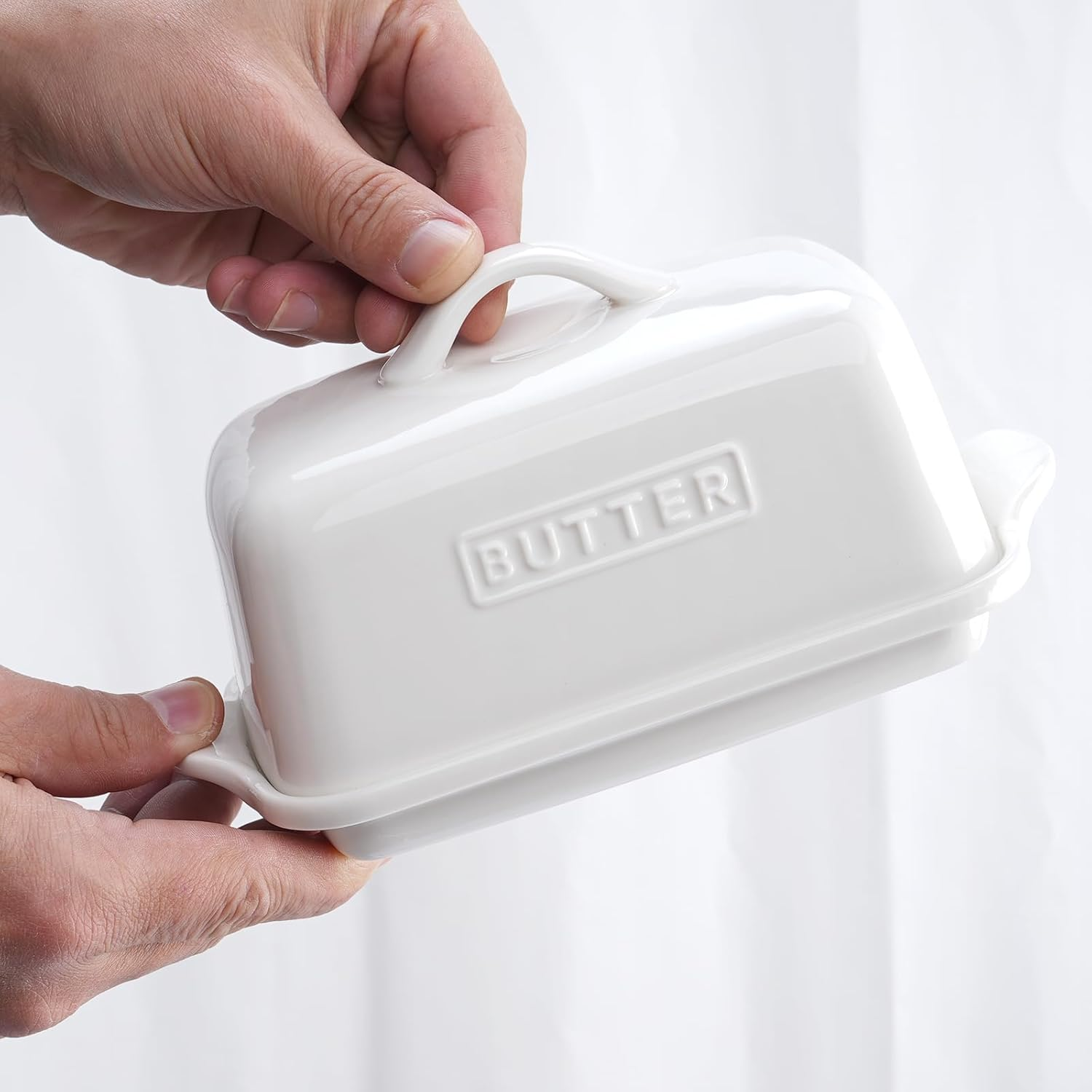 Embossed Butter Dish, Large Porcelain Butter Keeper for Countertop, Ceramic Butter Storage, Butter Holder, AU, (Color-White).