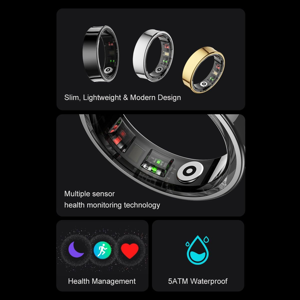 Forge Arcus Stainless Steel Smart Ring (Black, 12) image number 7