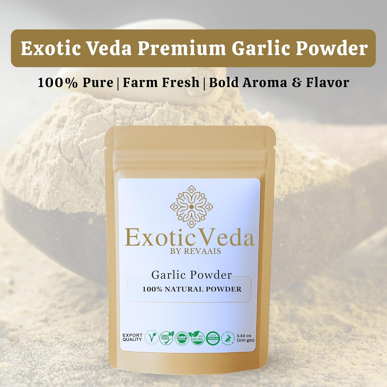 Exotic Veda Garlic Powder | 100% Pure & Natural | Garlic Seasoning for Flavor Vegetables, Grilled Sandwiches, Salads, Dressings and More| Multipurpose Use in Your Food| No Additives, No Preservatives | 100G Pack