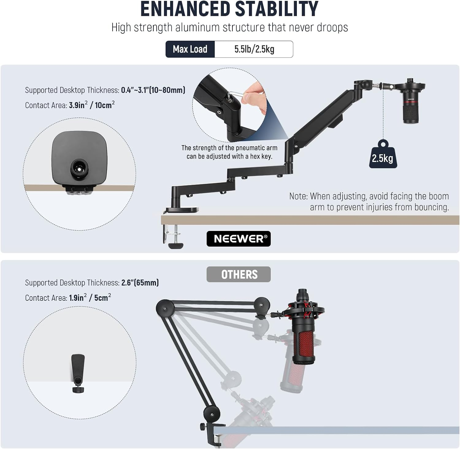 NEEWER Low Profile Mic Arm Desk Mount, 360&deg; Swivel Boom Arm with Pneumatic Damping Adjustable, Cable Management, Compatible with Shure MV7 SM7B Blue Yeti Gaming Streaming Podcast Microphone, MS002 image number 1