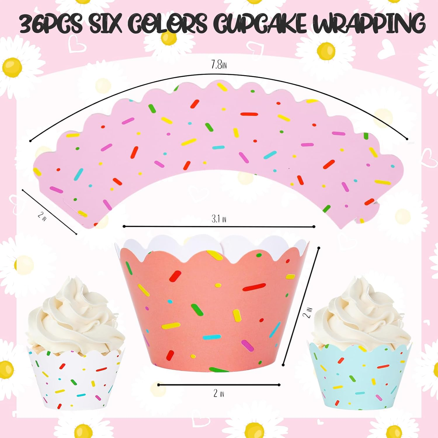 Whaline 36Pcs Colorful Donut Cupcake Wrappers Blue White Pink Sprinkles Icing Cupcake Liners Candyland Party Paper Baking Cup Decorative Cupcake Holders for Christmas Birthday Party Cake Decoration image number 3