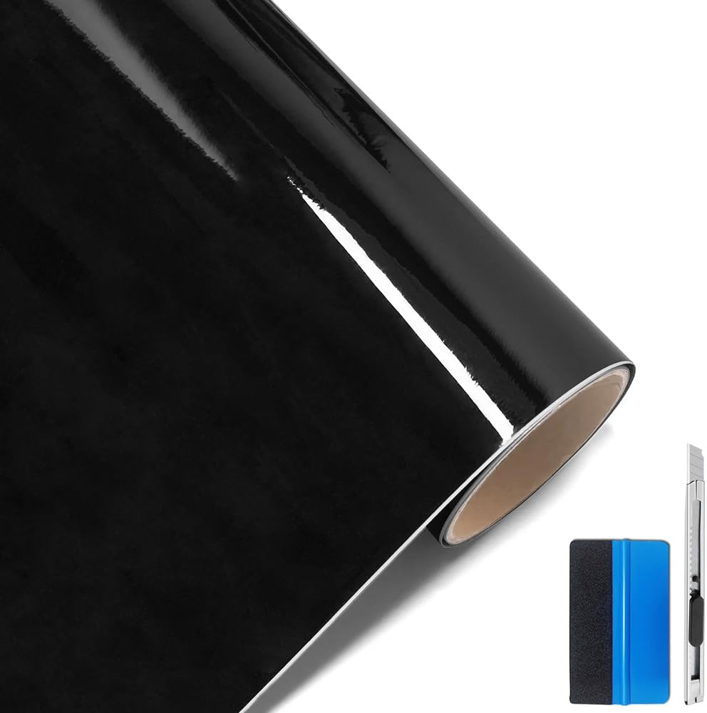 LZLRUN High Gloss Black Vinyl Wrap Self Adhesive Air Release Bubble - Outdoor Rated for Automotive Use Installation Tools Included (1FT X 5FT) image number 2